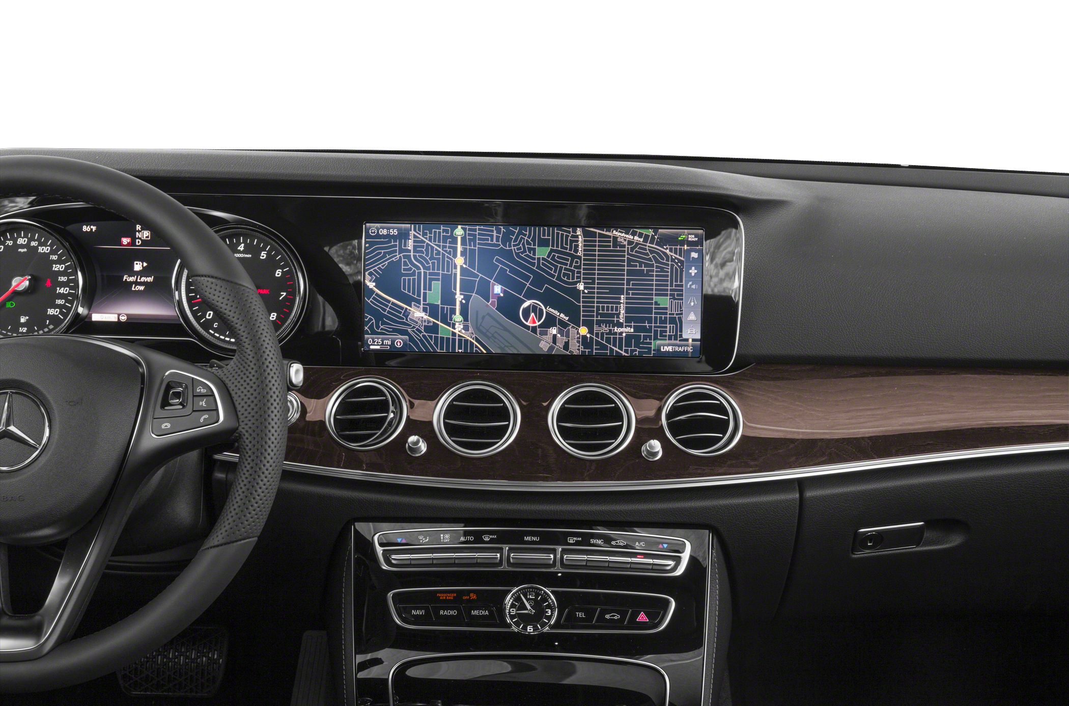 Luxury dashboard with navigation screen and instrument cluster