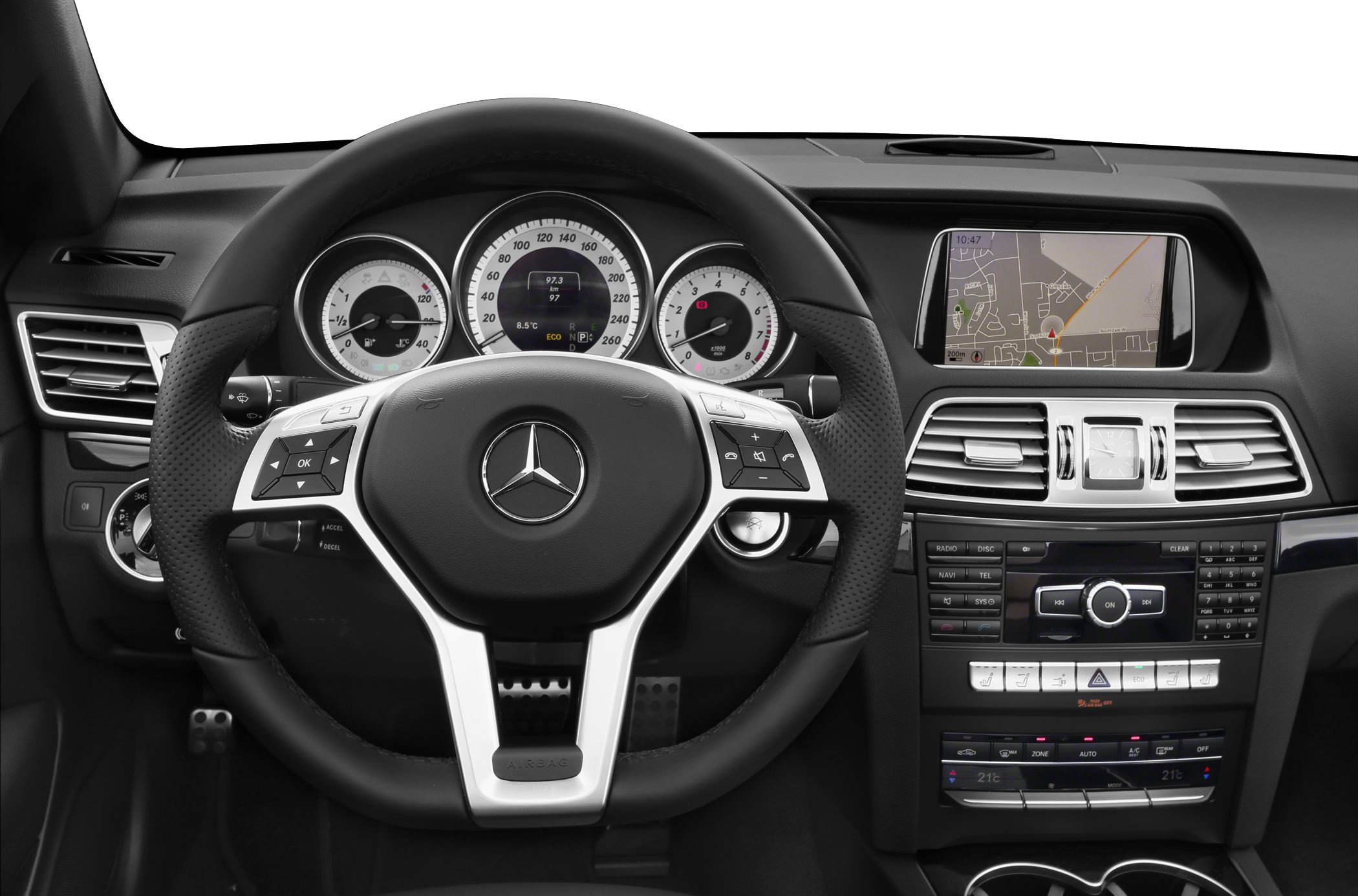 Steering wheel, instrument cluster, infotainment system in car interior