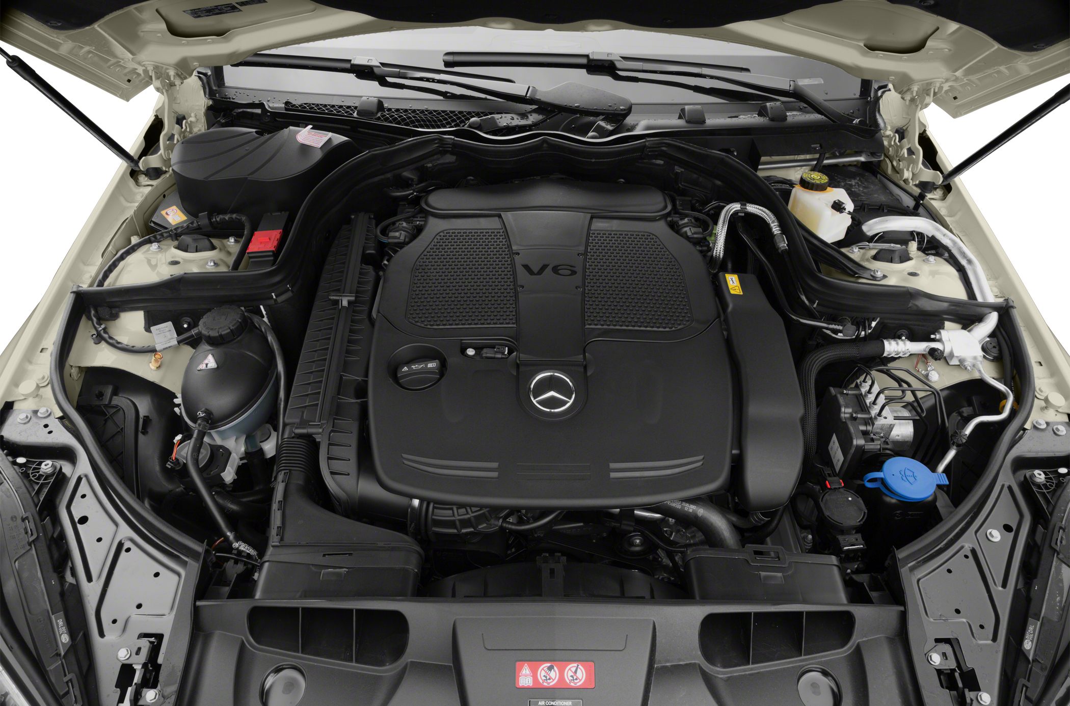 V6 engine bay with protective cover and fluid reservoirs