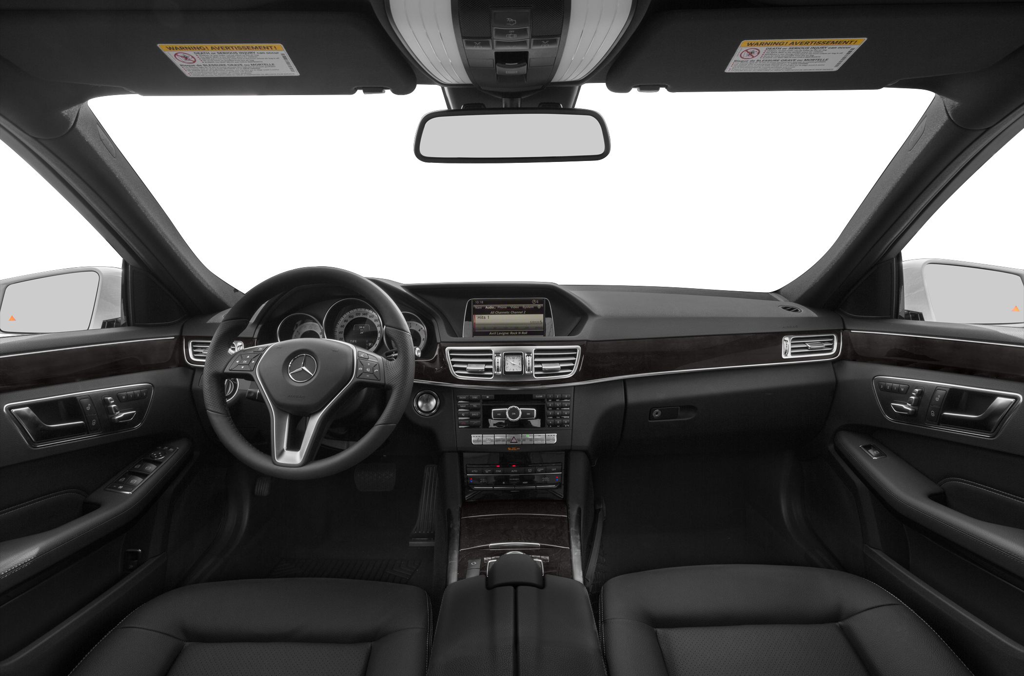 Interior dashboard with steering wheel, central display, and wood trim