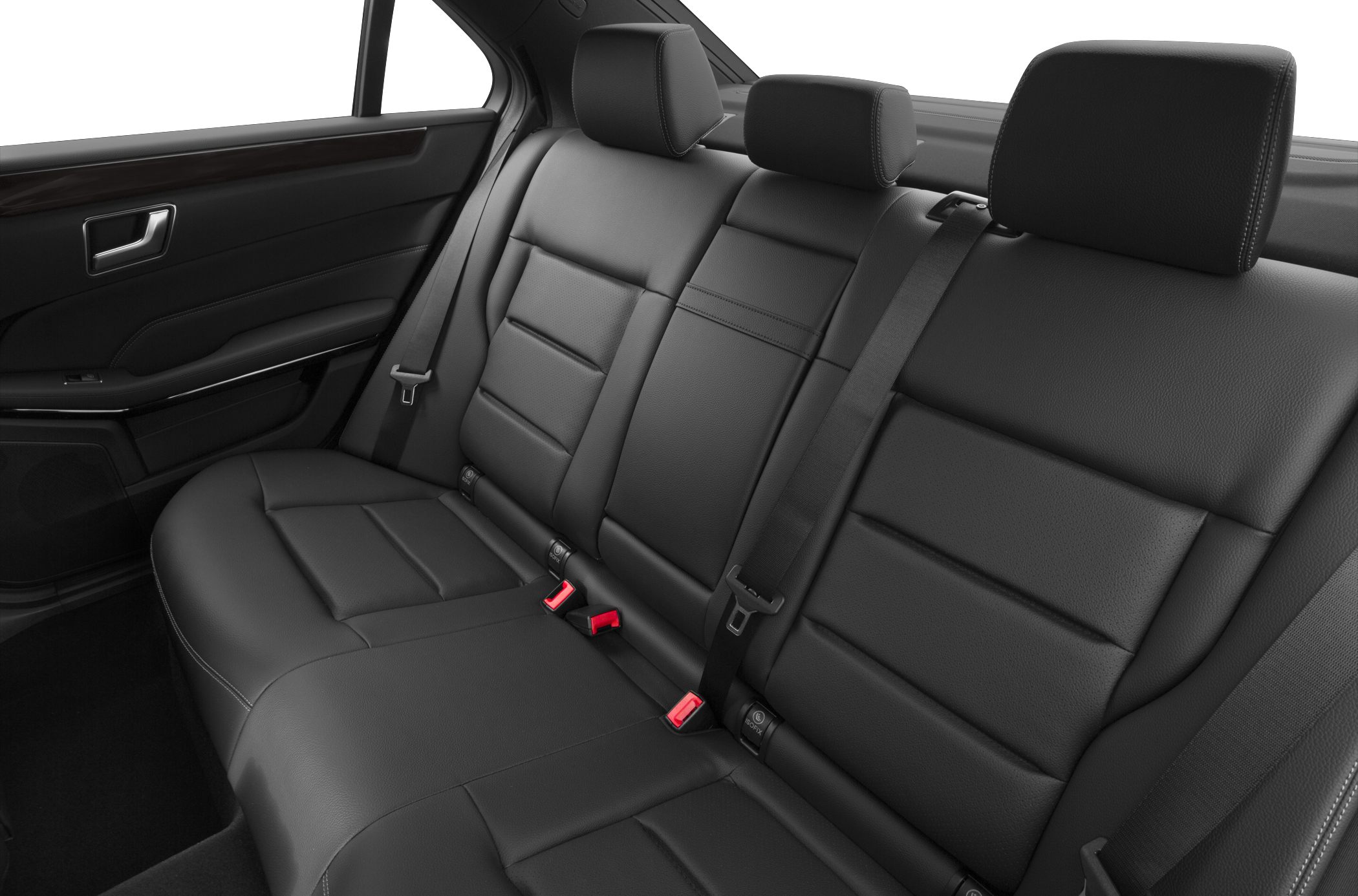 Rear seat with black leather upholstery and seatbelt
