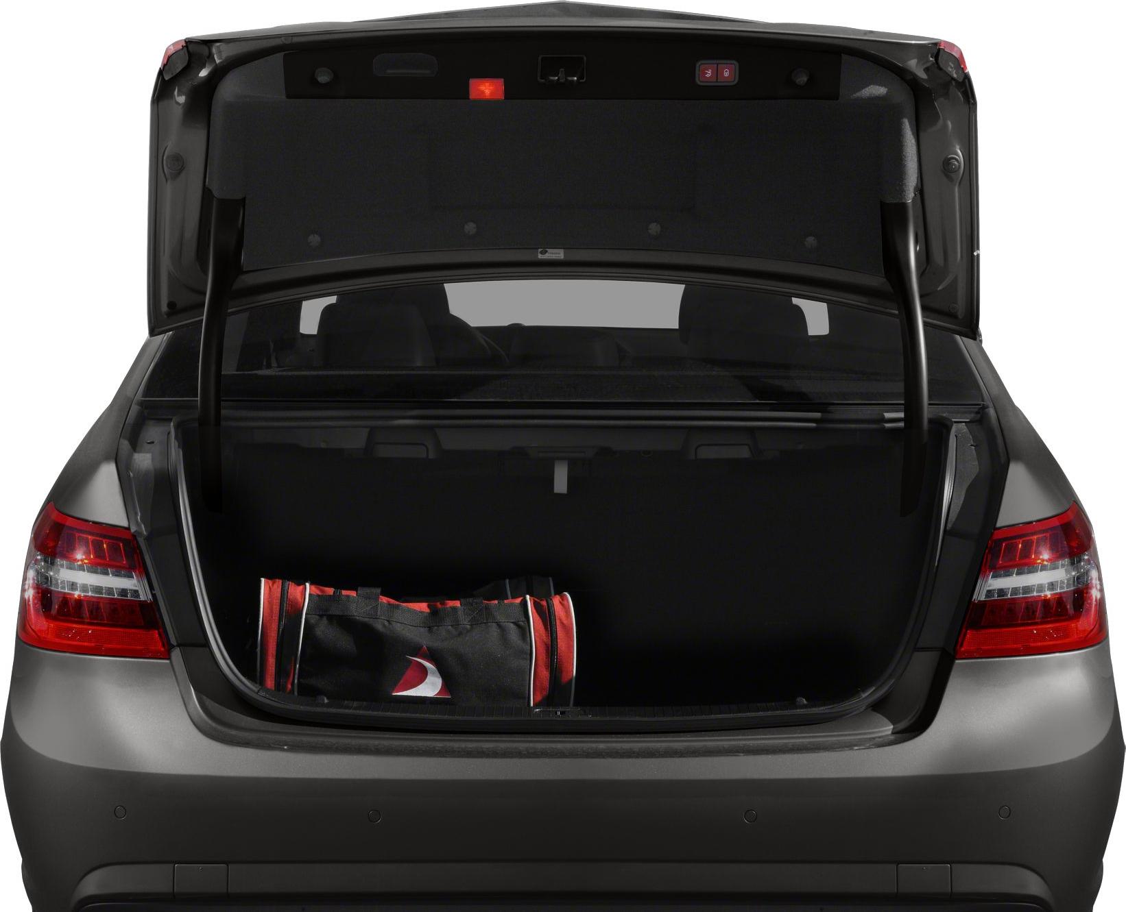 Open trunk with cargo space and bag in rear view.