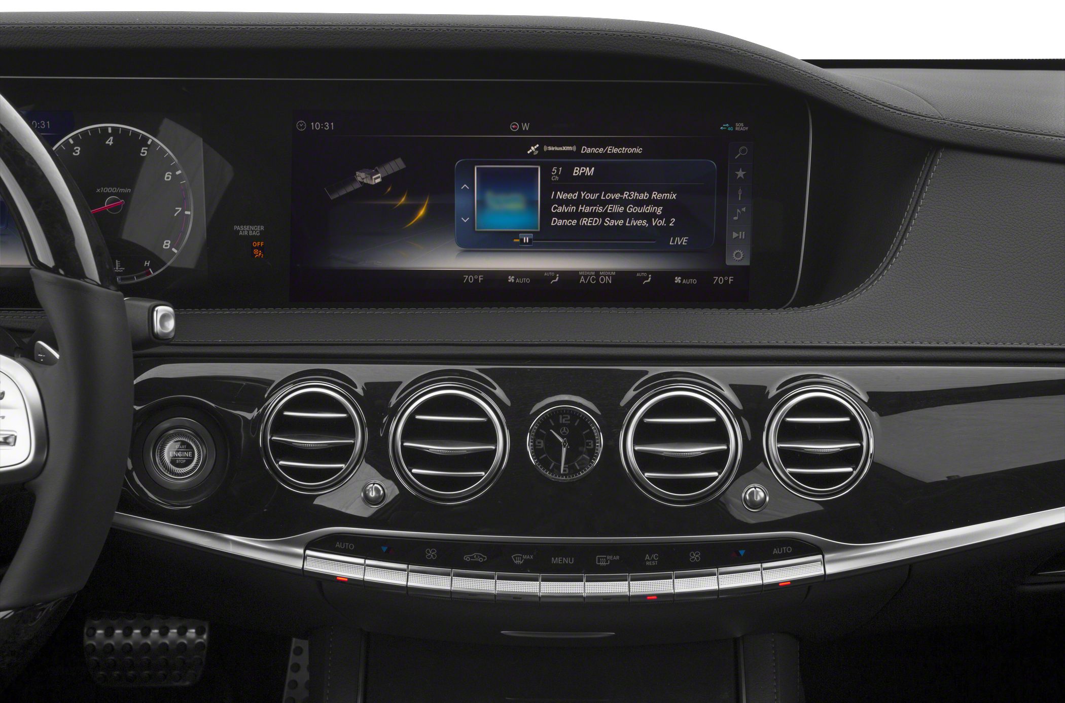 Digital instrument cluster, analog clock, and luxury climate controls