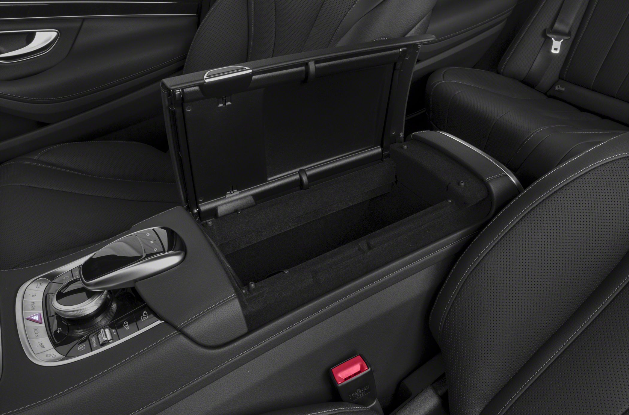 Luxury center console storage with control panel in premium leather upholstery