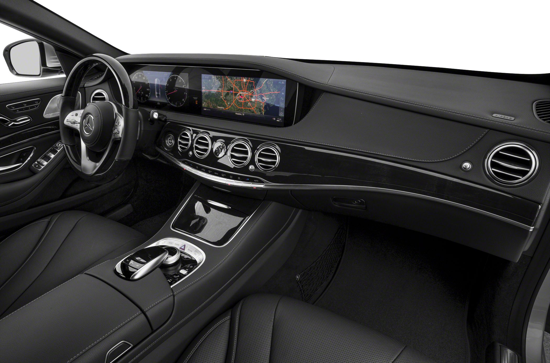 Luxurious black leather dashboard with widescreen digital displays and air vents