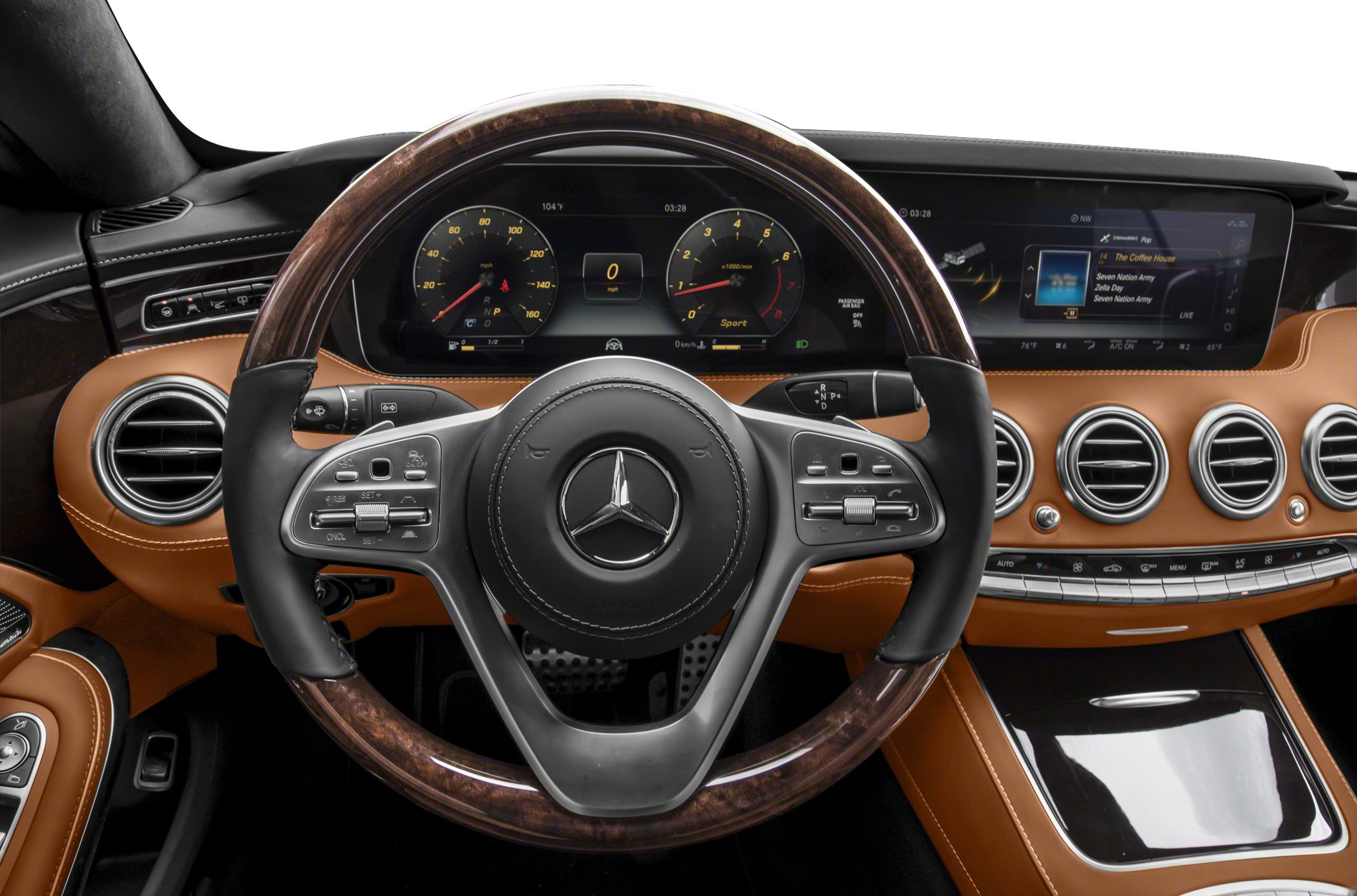 Wood and leather steering wheel with digital dashboard and multimedia display