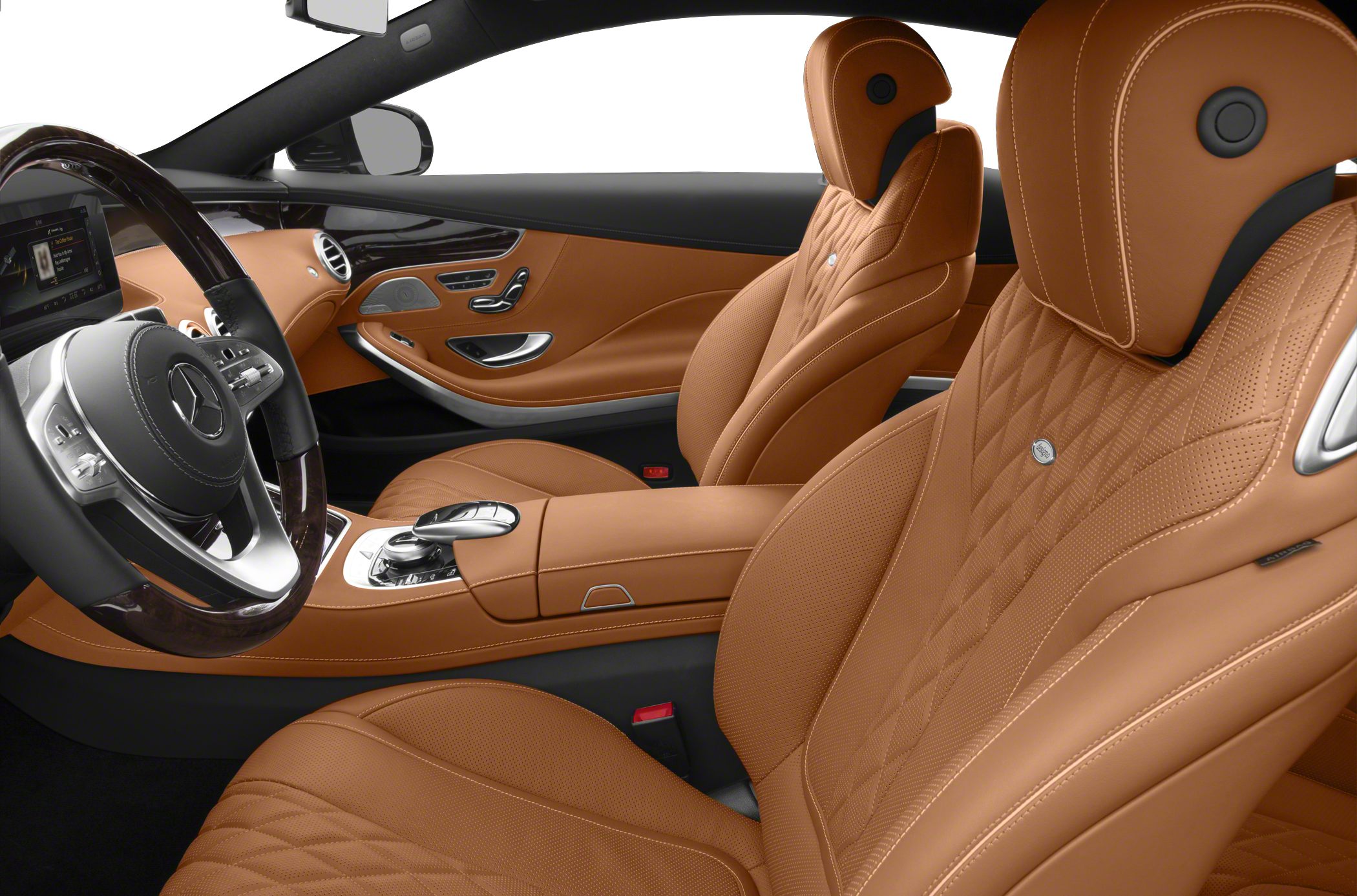 Tan leather luxury seats with detailed stitching and advanced console