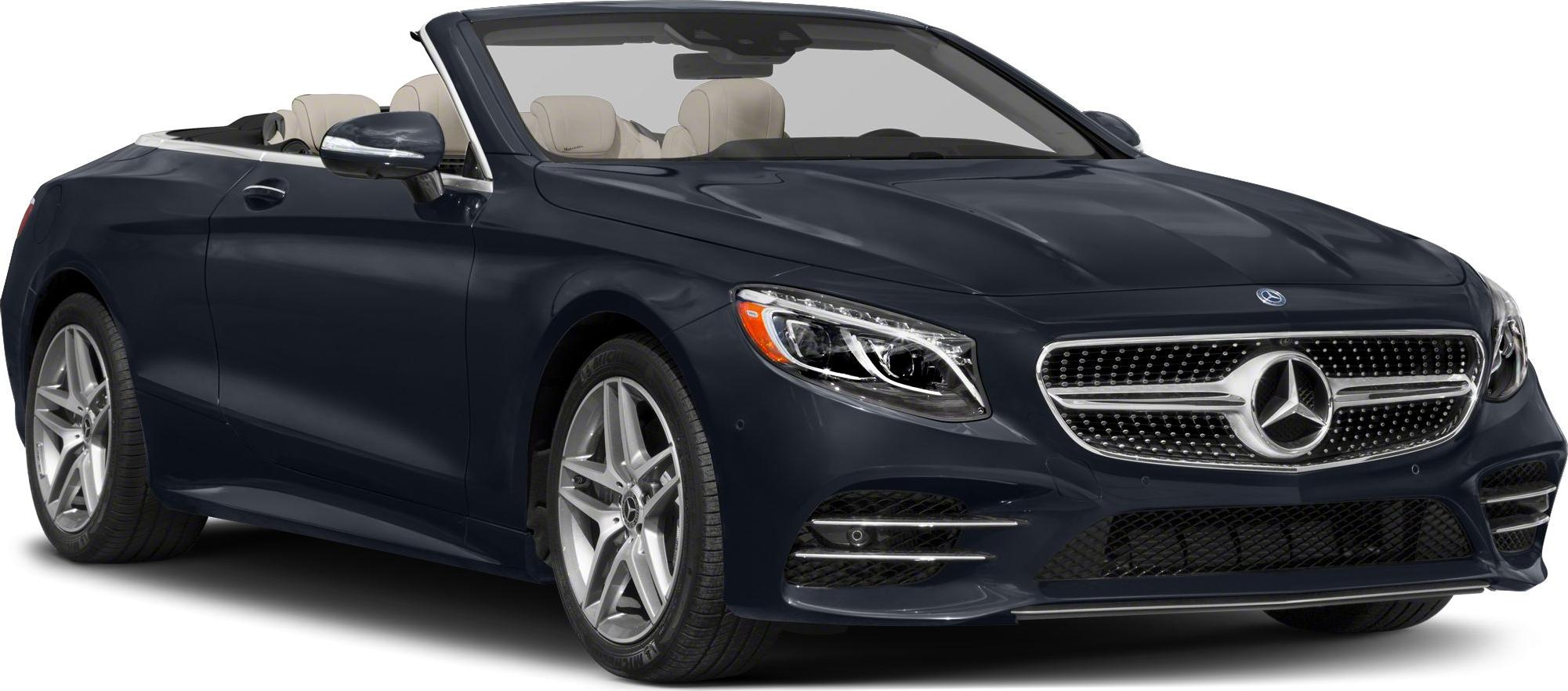 Front grille with prominent luxury emblem and LED headlights on convertible