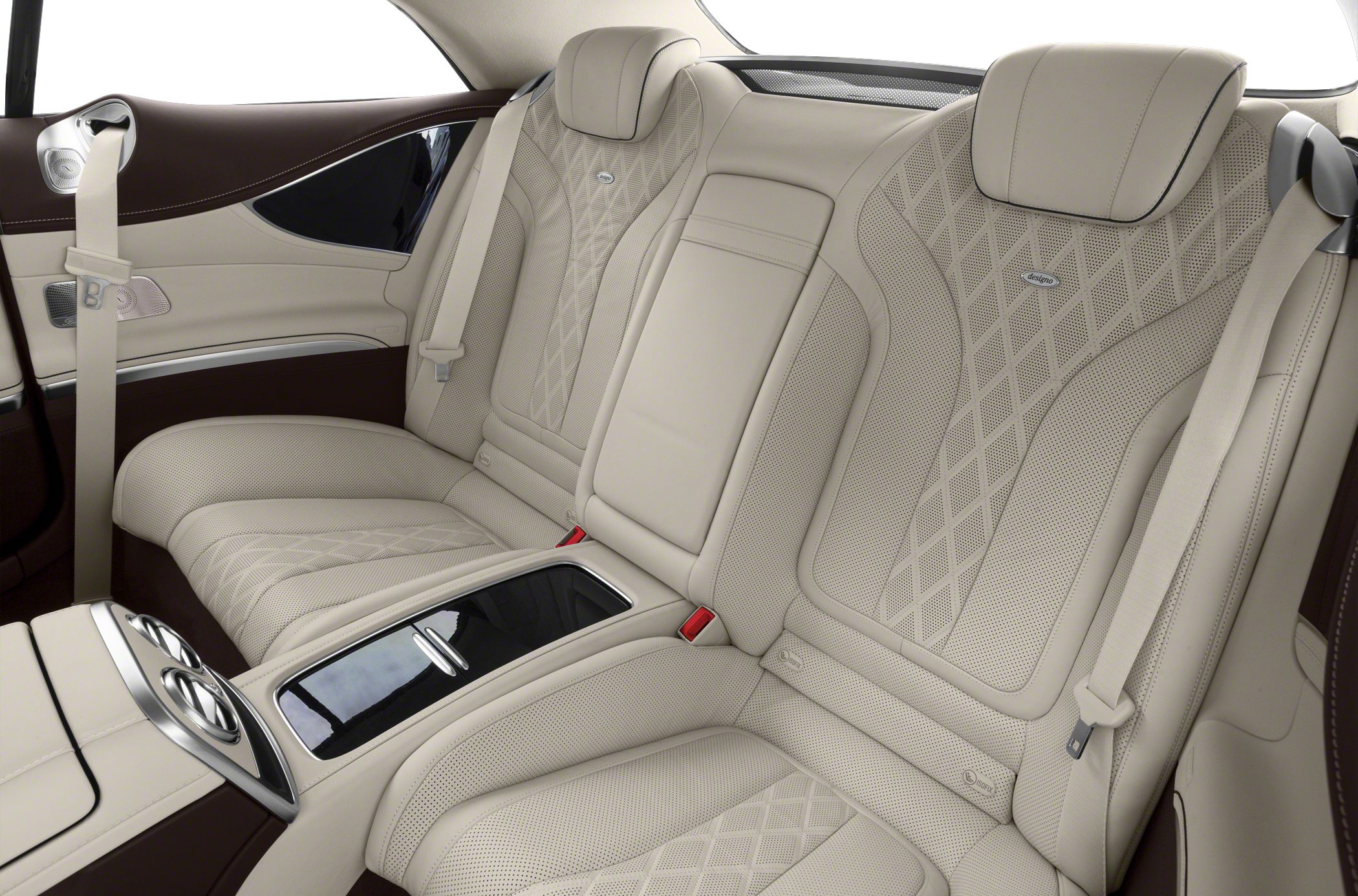Luxury perforated leather rear seats with center console and seat belts.