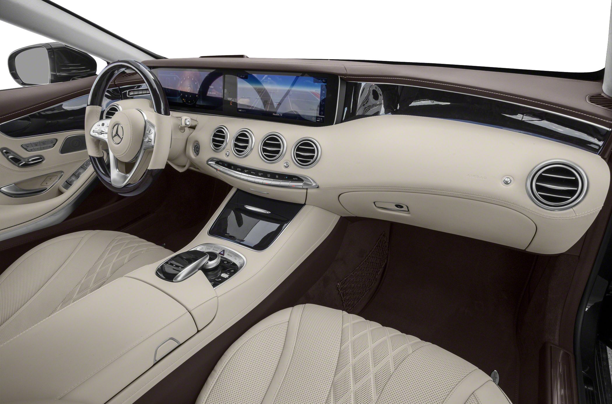 Luxury beige leather interior with digital dashboard and advanced controls