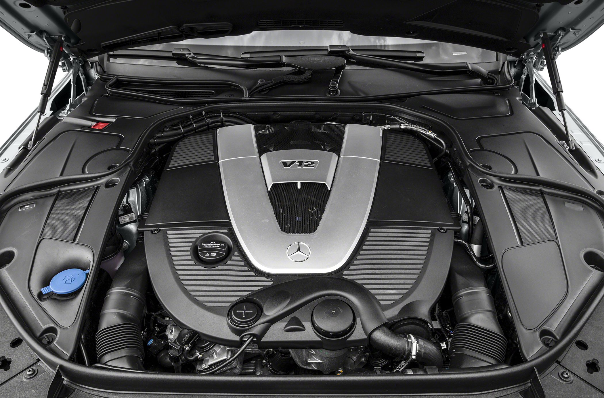 Close-up of V12 engine bay with detailed components and modern layout