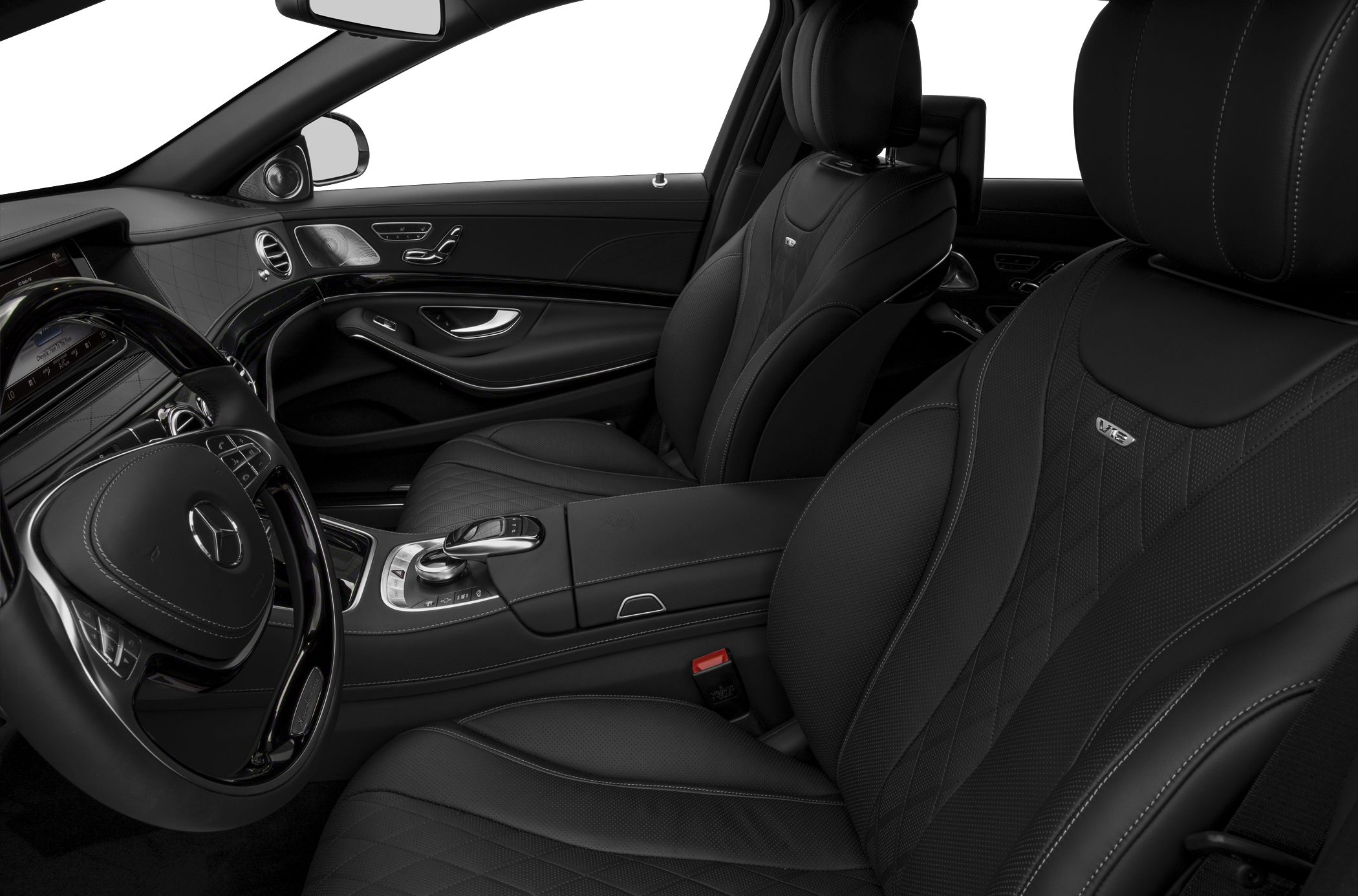 Black leather seats with V12 badge and luxury car controls