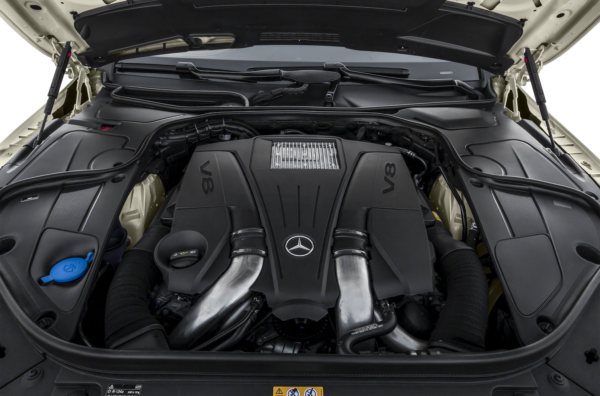 Close-up of V8 engine setup with visible Mercedes emblem