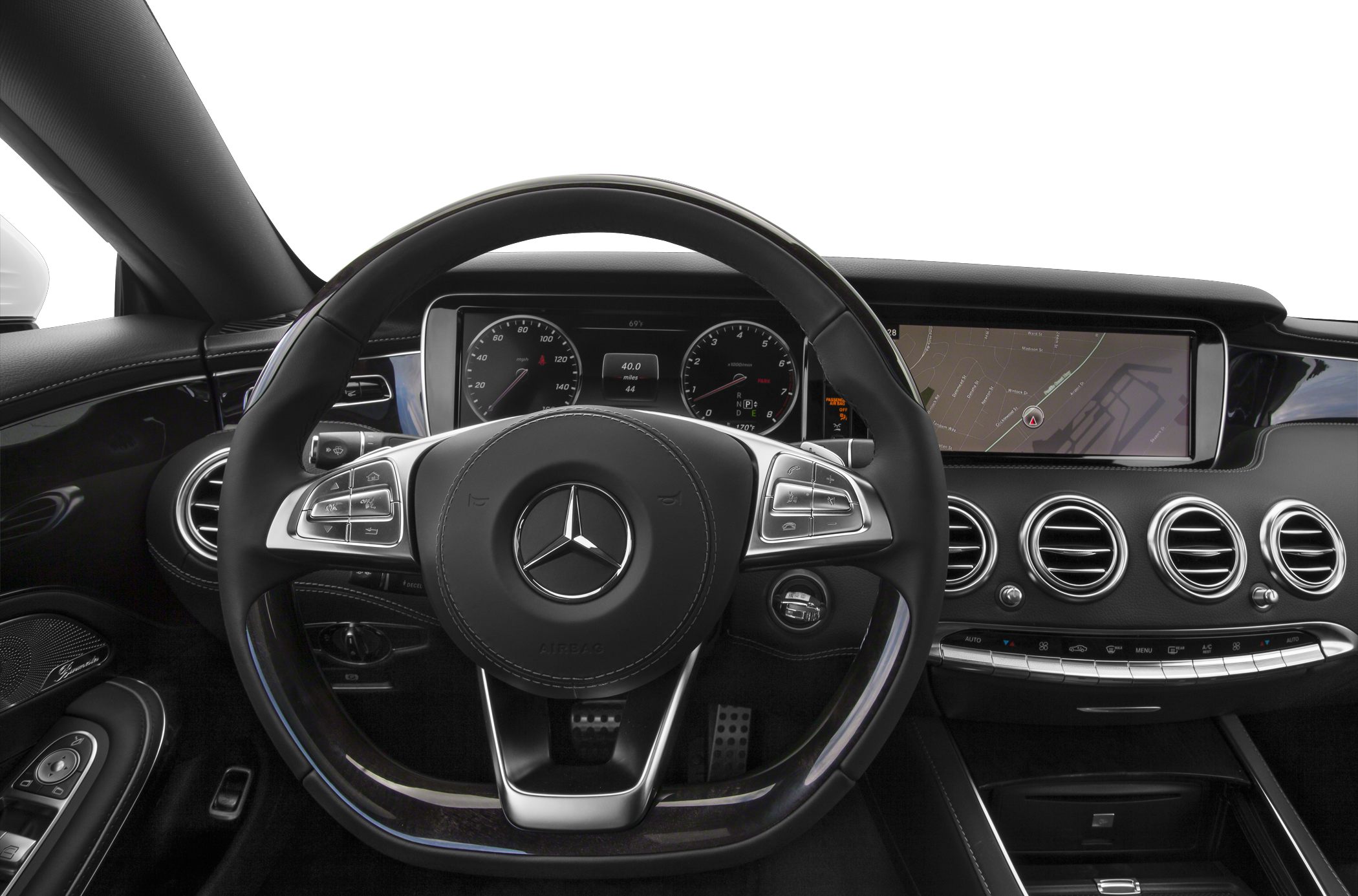 Steering wheel and digital dashboard layout with navigation screen