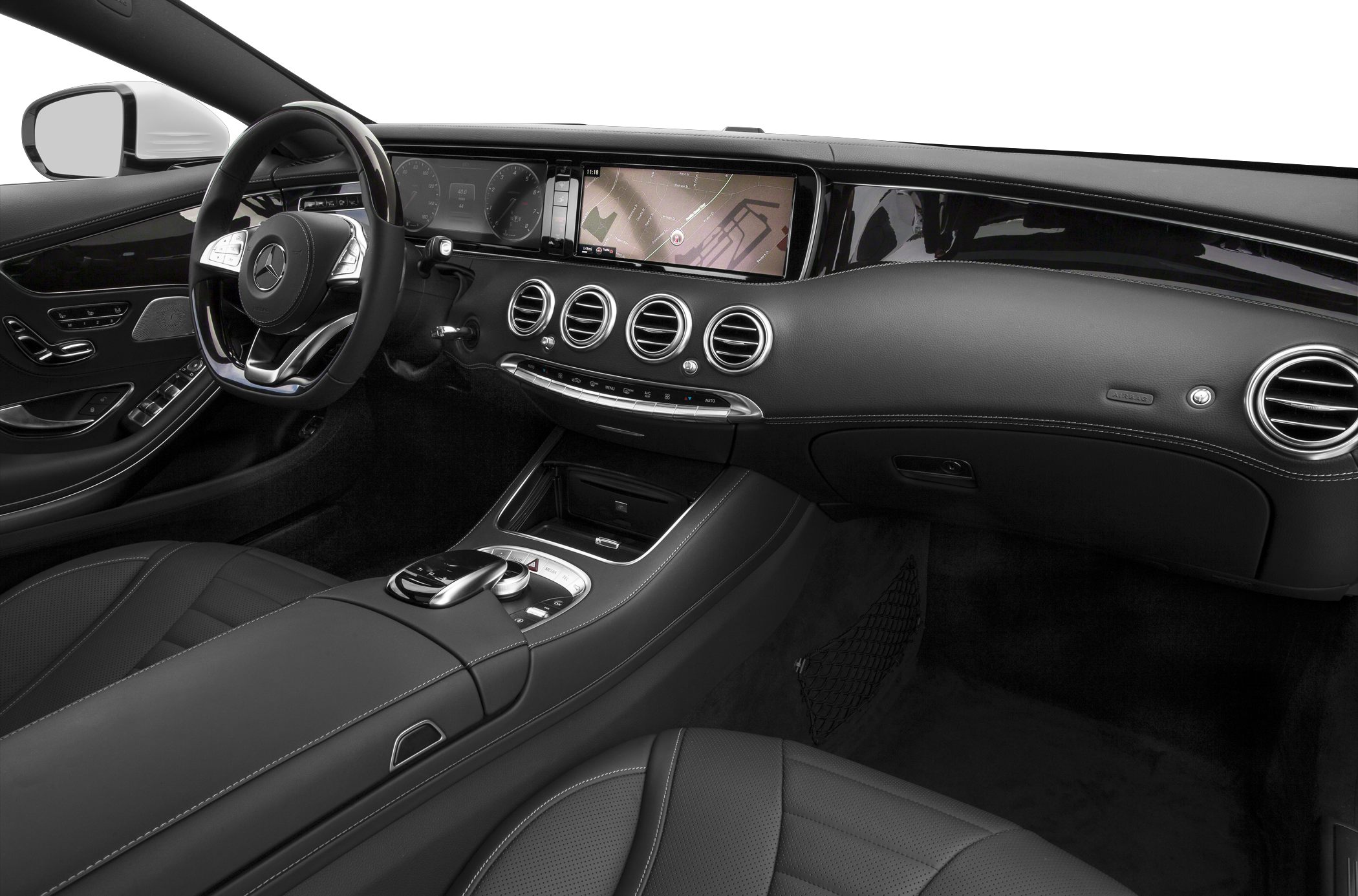 Luxury car interior with digital dashboard and advanced steering wheel controls
