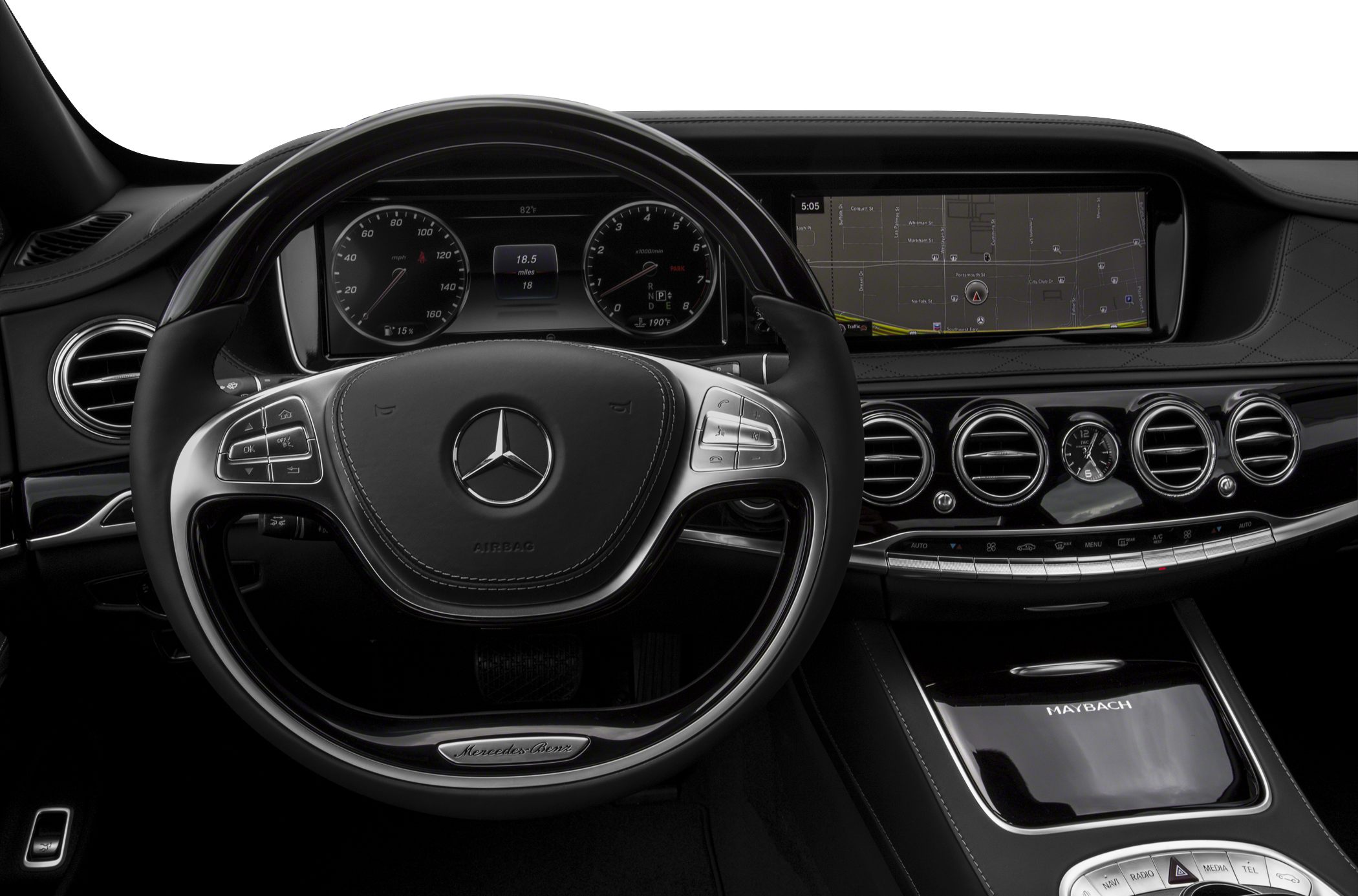 Luxurious steering wheel and digital dashboard with navigation and analog clock.