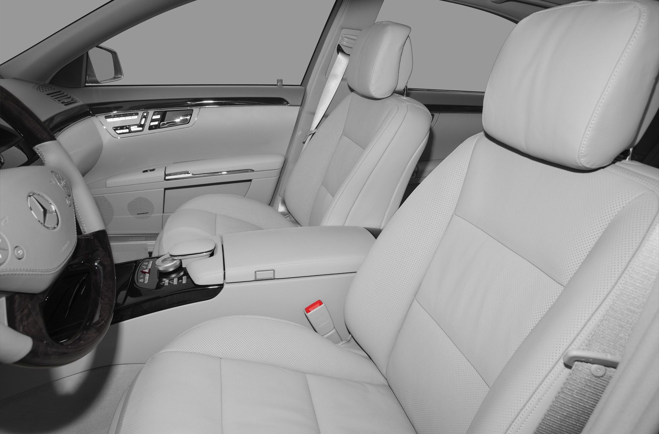 Leather seats and advanced control panel of luxury sedan interior