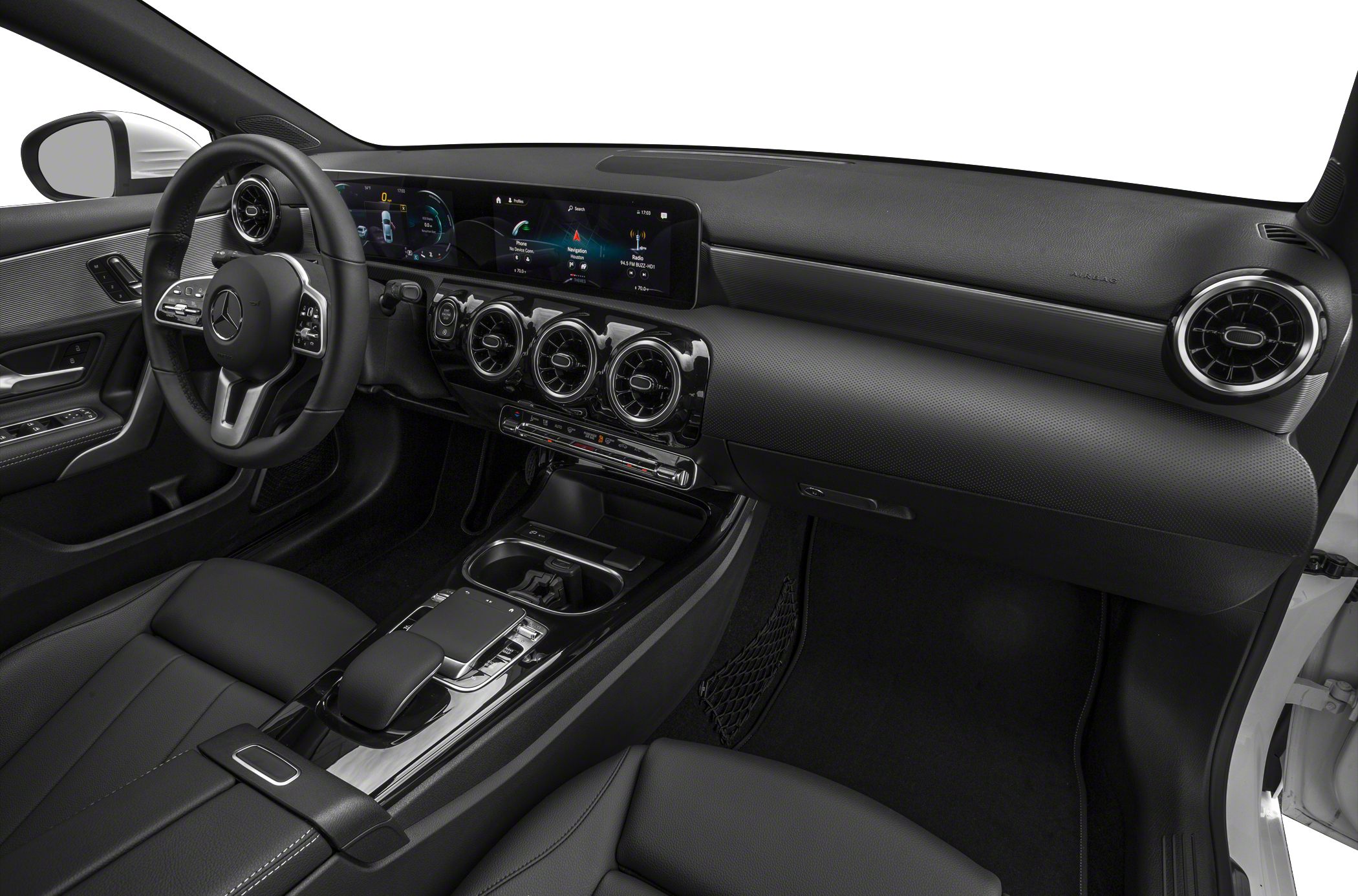 Modern dashboard and digital instrument cluster with sleek ventilation system.
