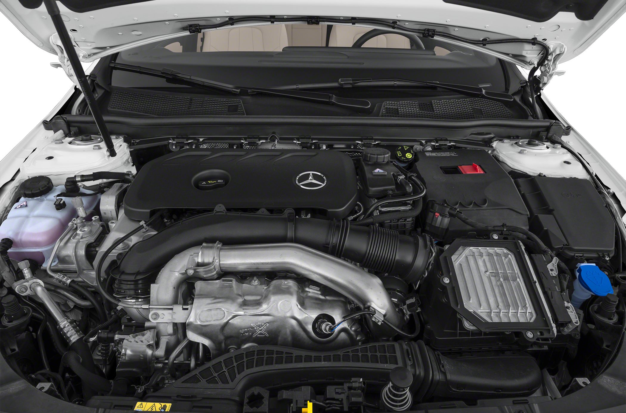Turbocharged engine layout with prominent Mercedes-Benz engine cover and components