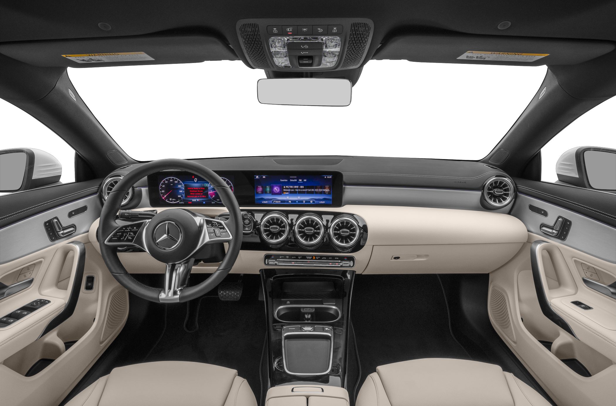 Dual widescreen displays and turbine-style air vents in luxury coupe interior