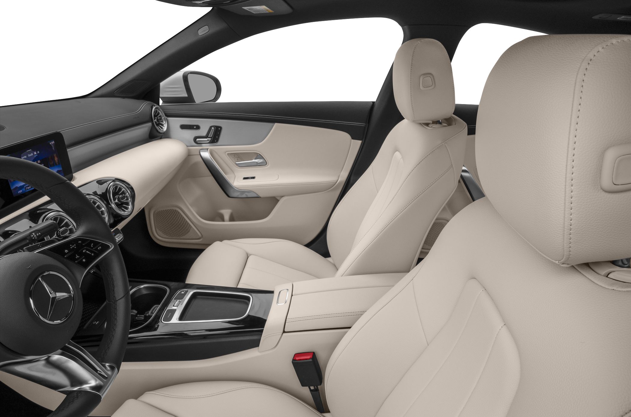 Beige leather seats and modern dashboard layout with infotainment