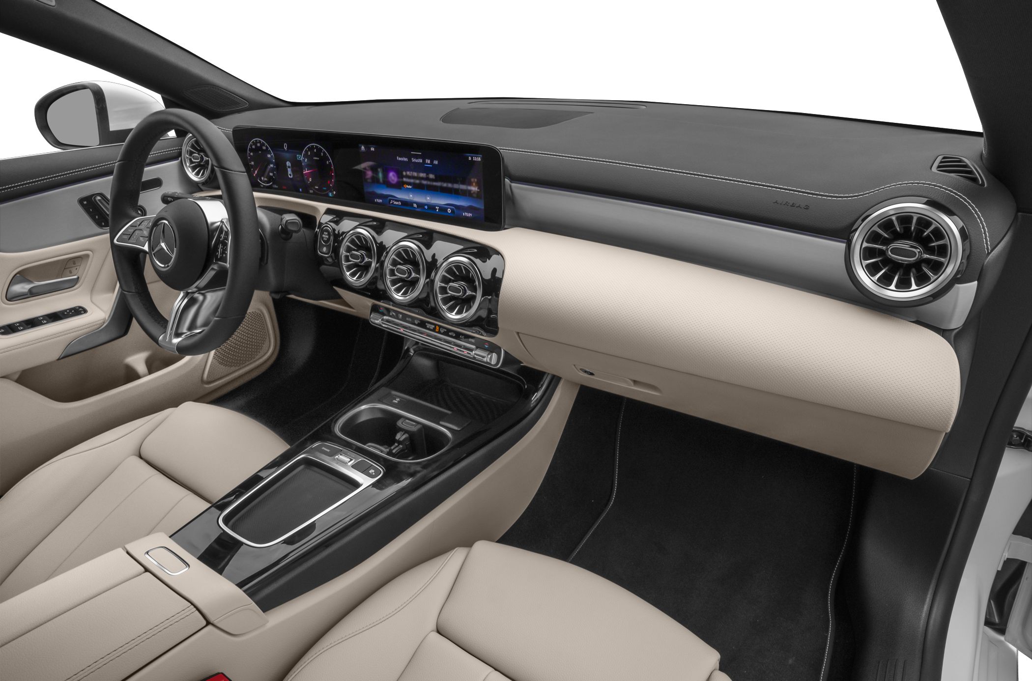 Modern interior with digital cluster, touchscreen, and elegant dashboard.