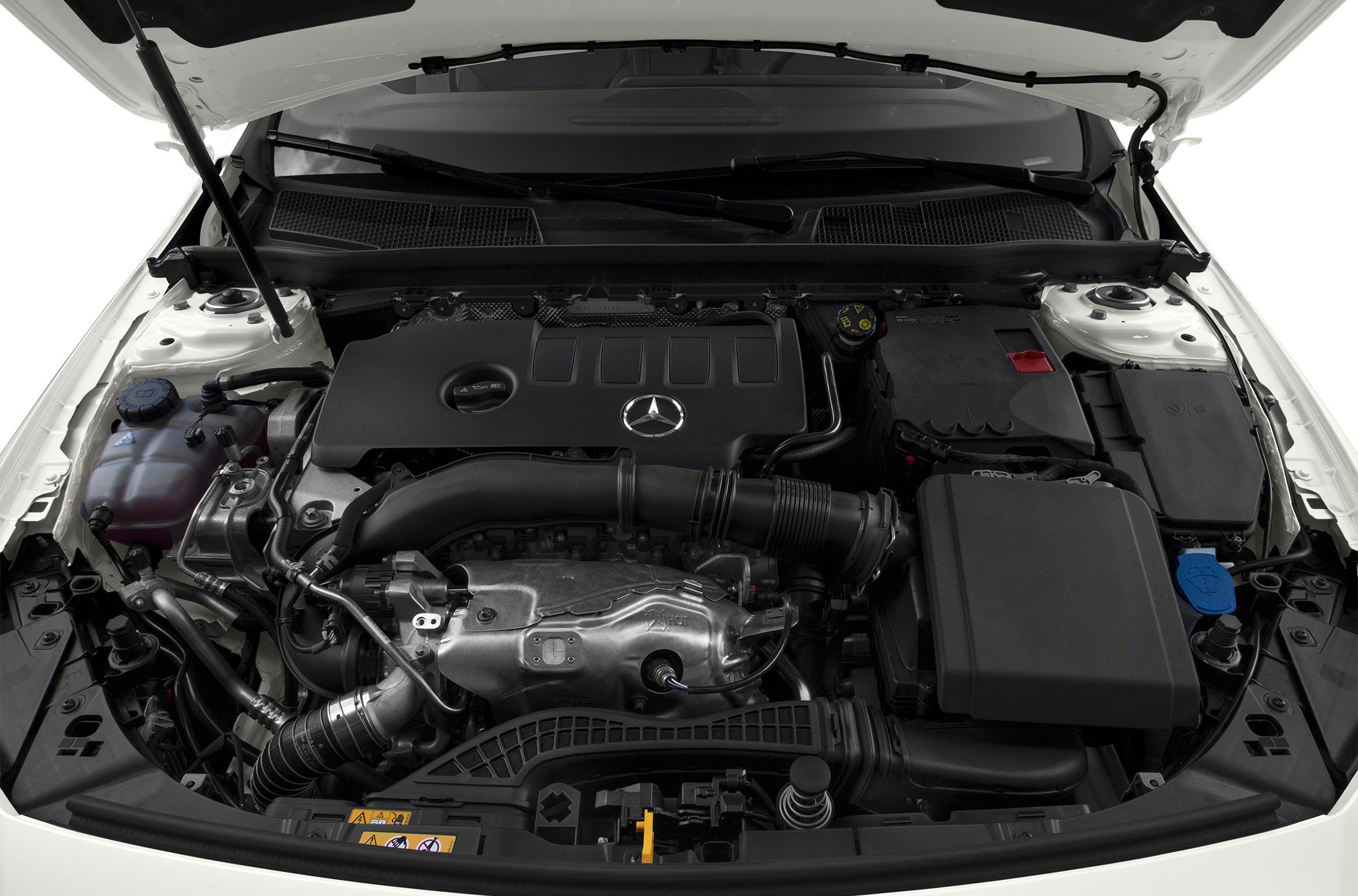 Engine compartment with mechanical components under open hood