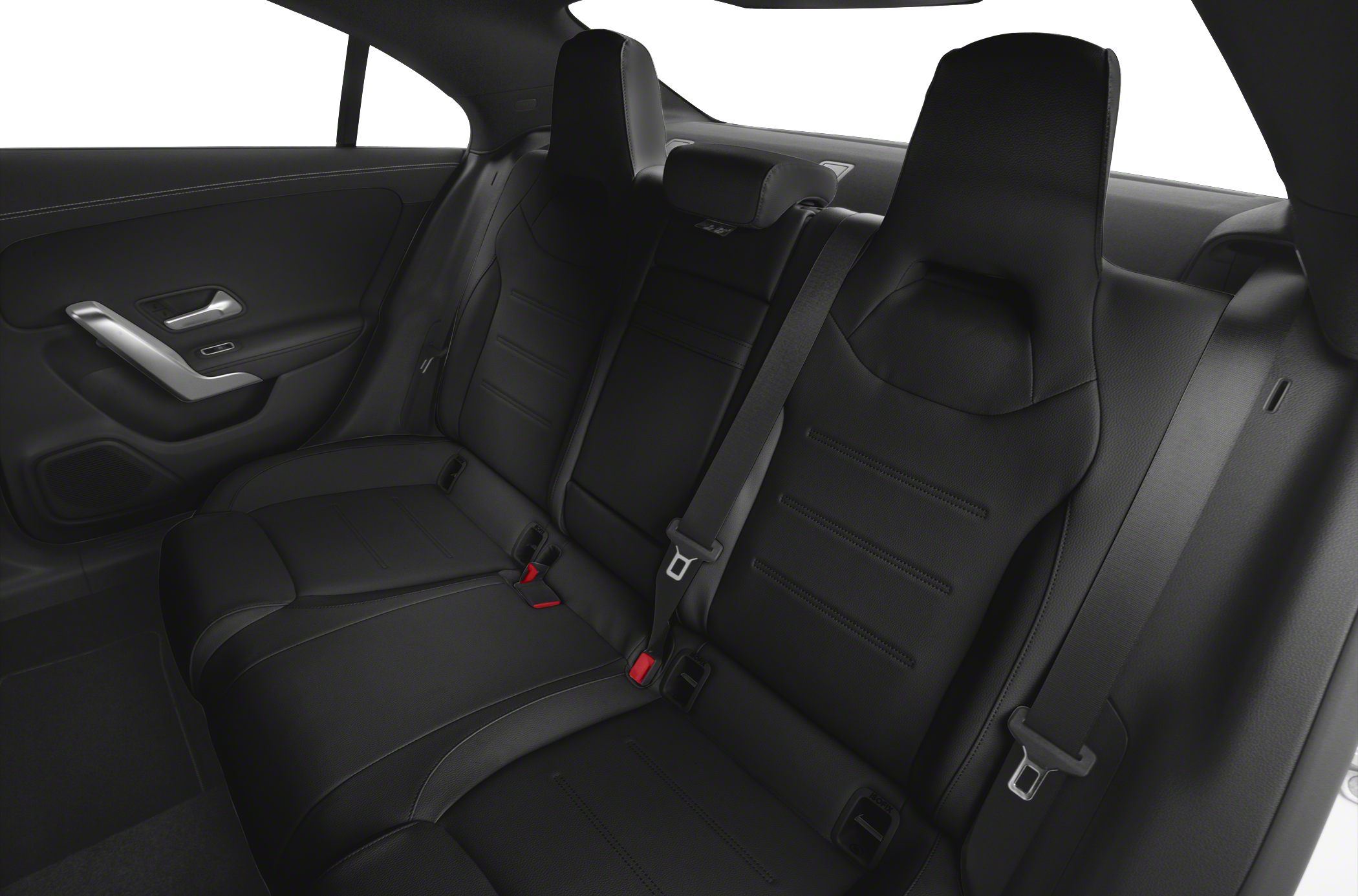 Rear seats with black leather upholstery and seat belts in a coupe