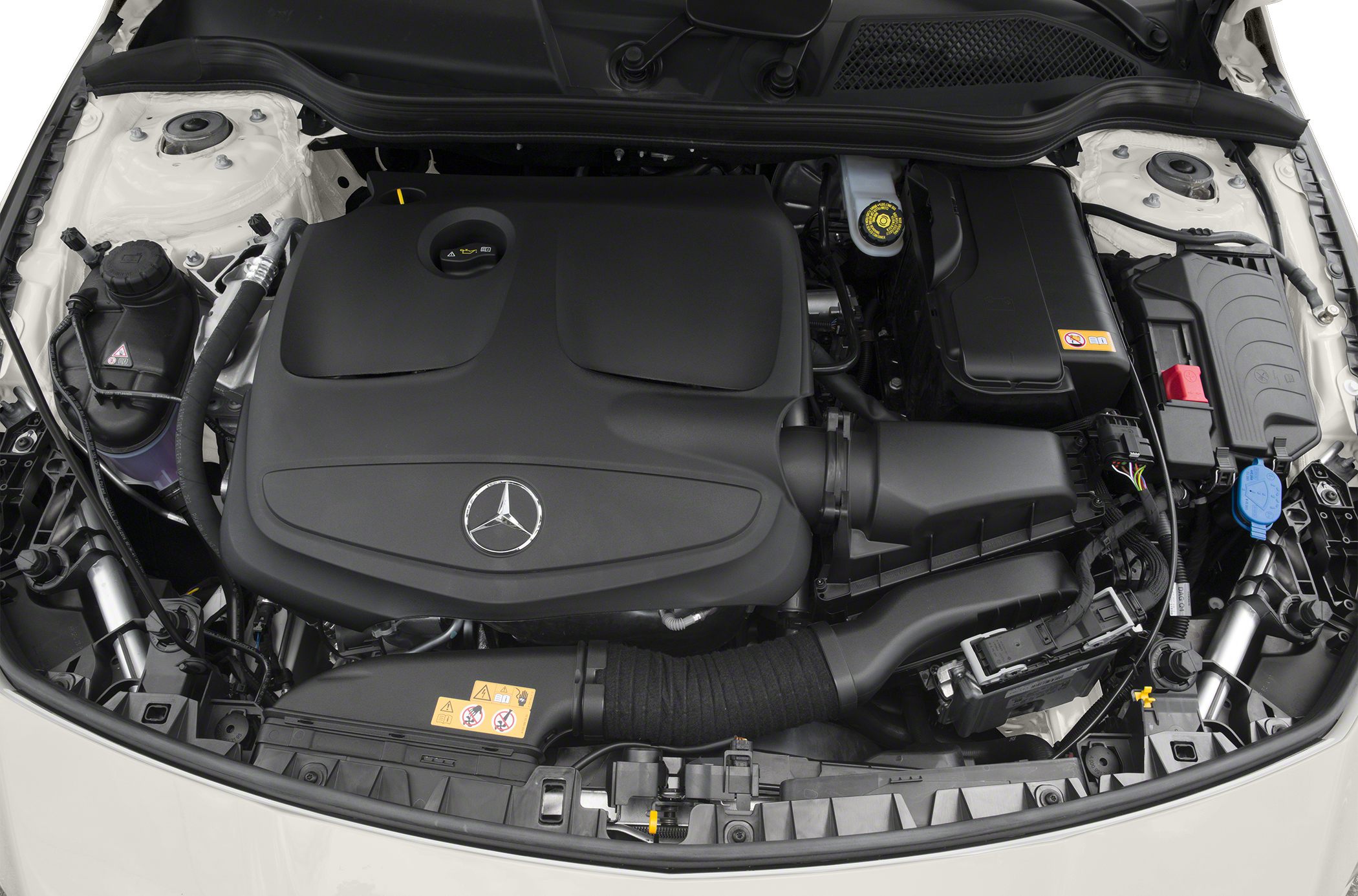 Engine compartment with covered engine and fluid reservoirs