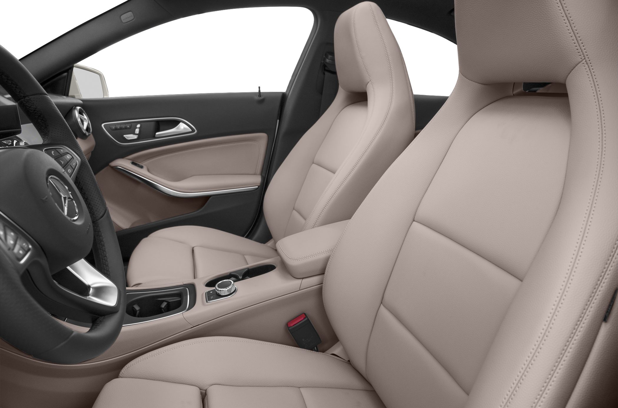 Luxurious beige leather front seats and ergonomic interior features