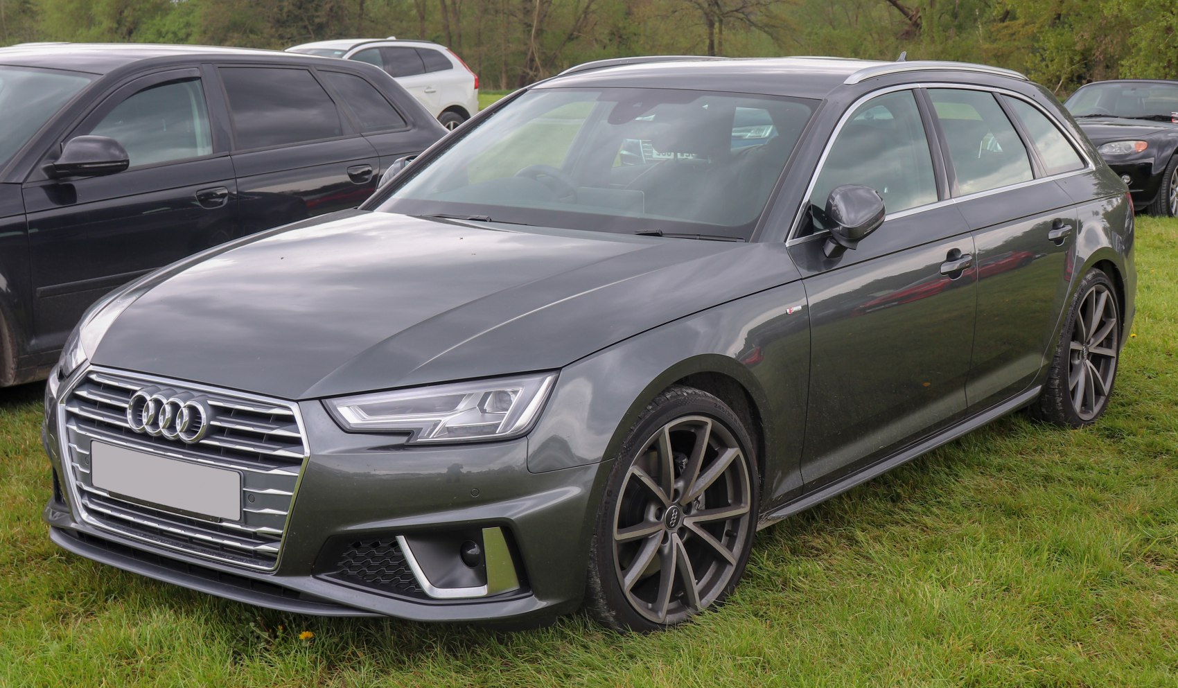 Sharp LED headlights and bold grille on a sporty wagon