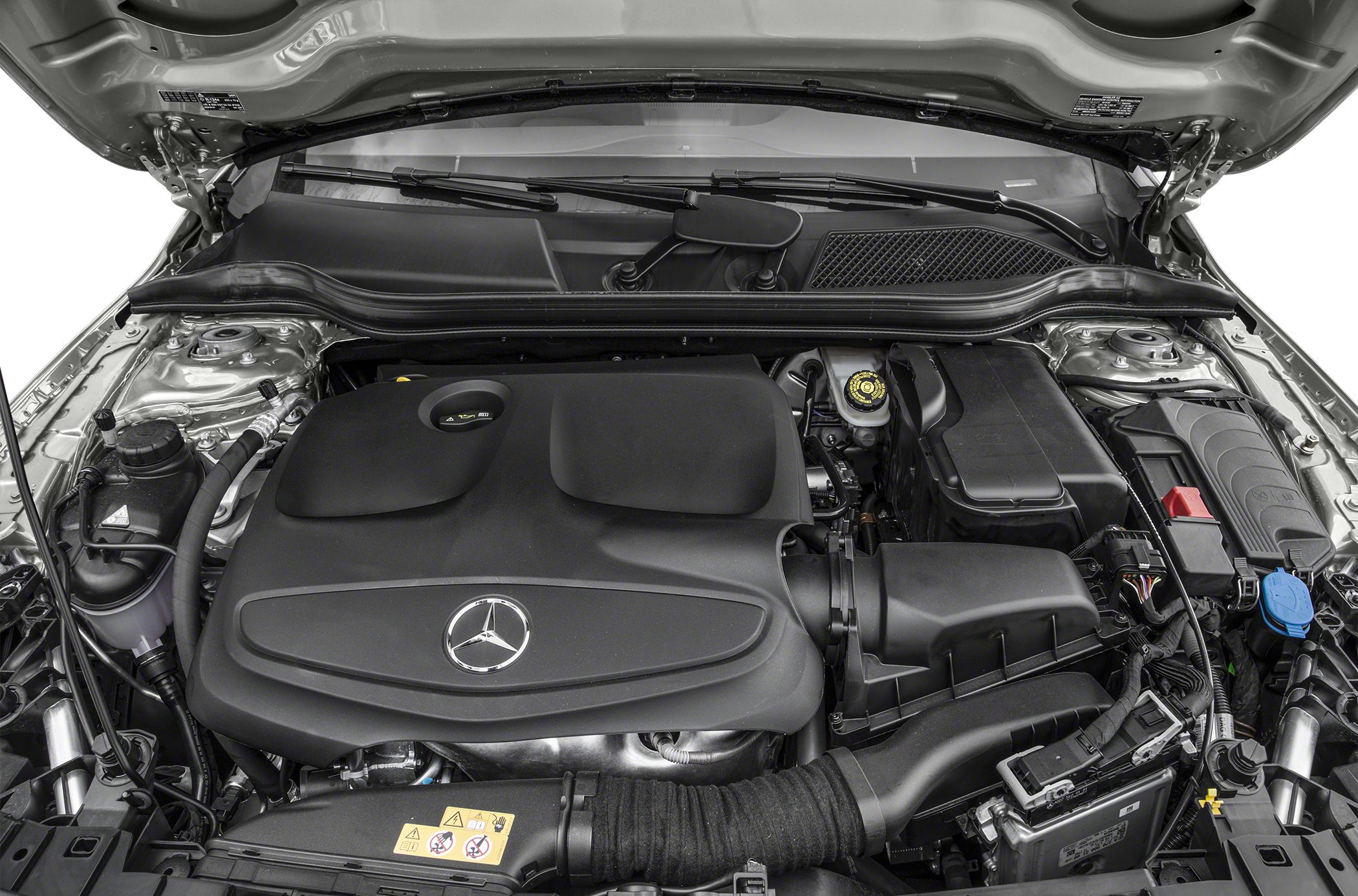 Engine compartment with Mercedes logo and engine cover