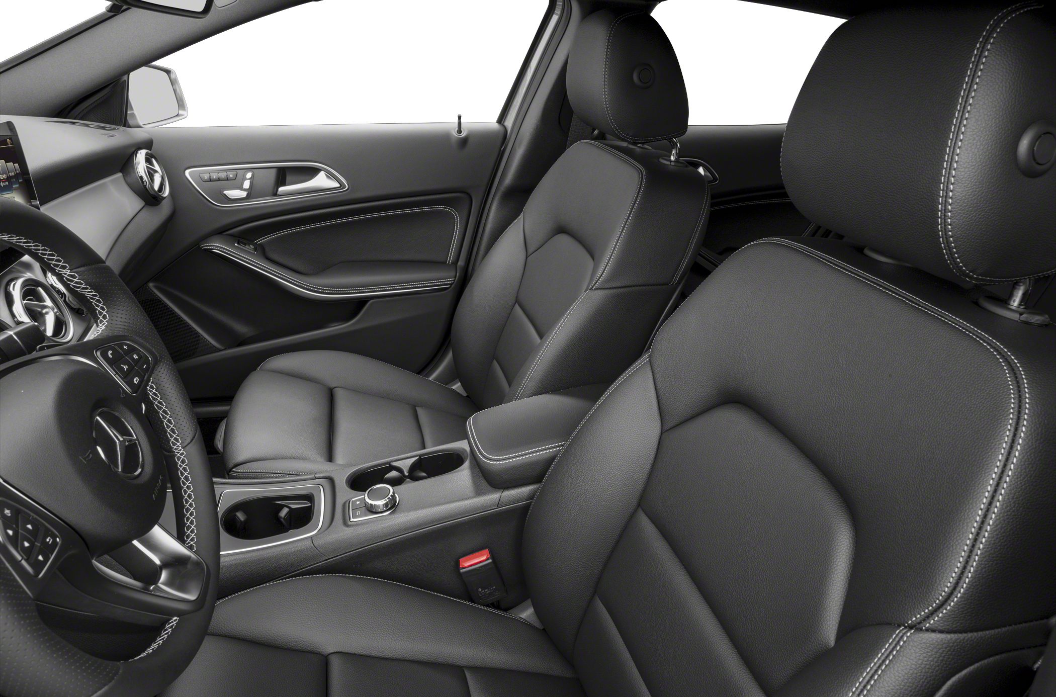 Premium leather front seats with modern controls and detailed stitching
