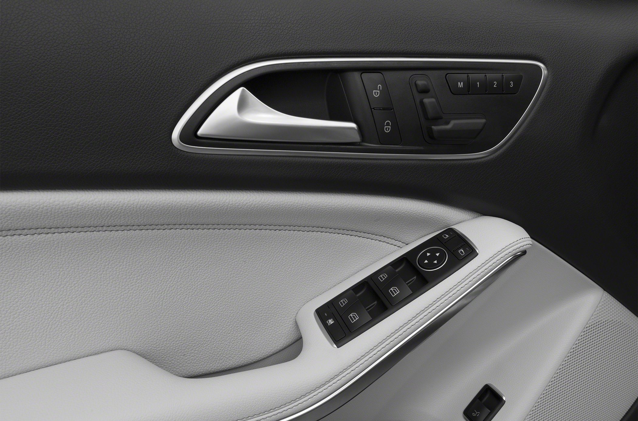 Car interior door panel with controls and premium materials
