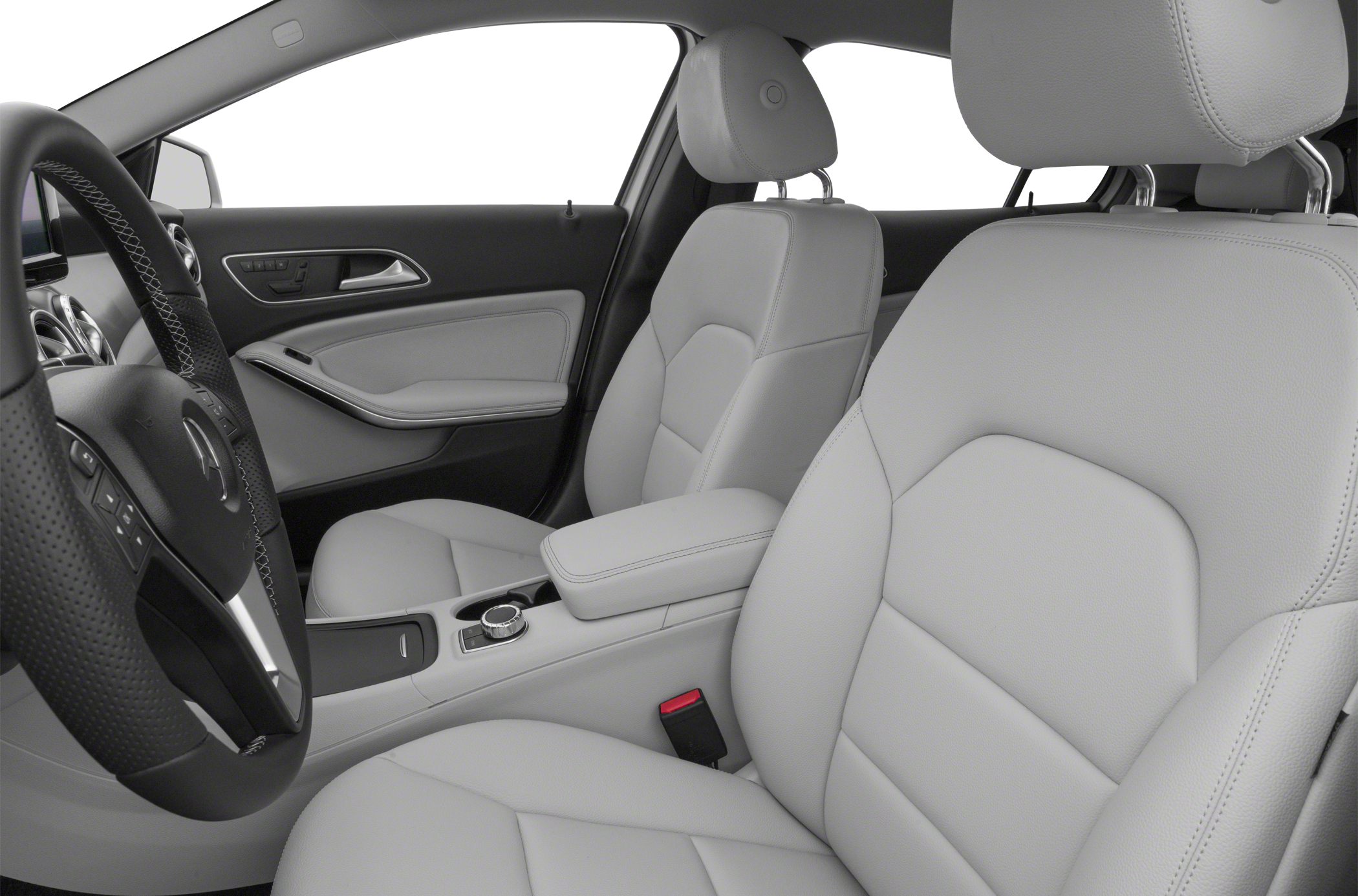 Front seats and steering wheel with leather upholstery and modern design