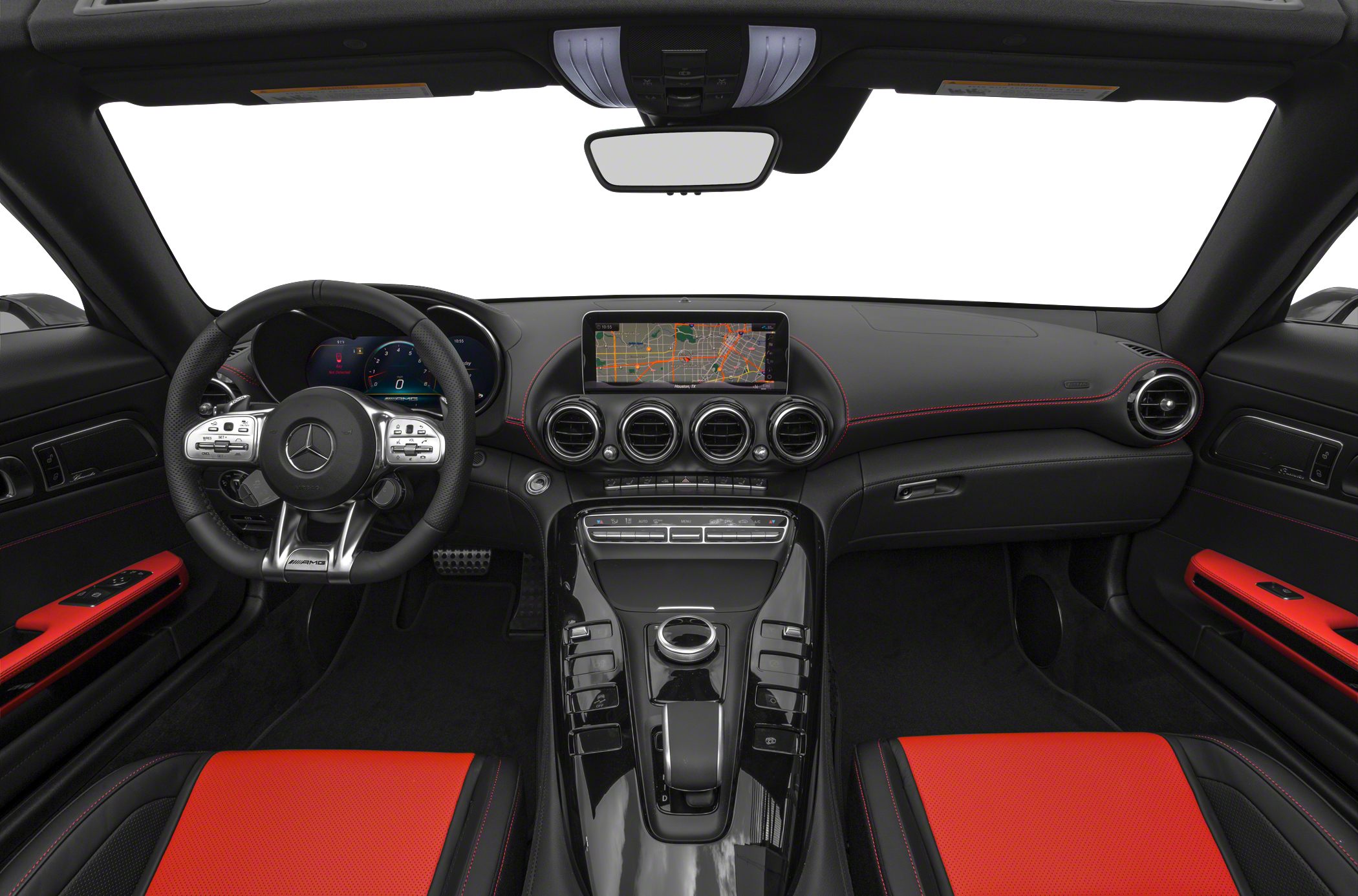 Advanced digital dashboard and red-accented leather interior