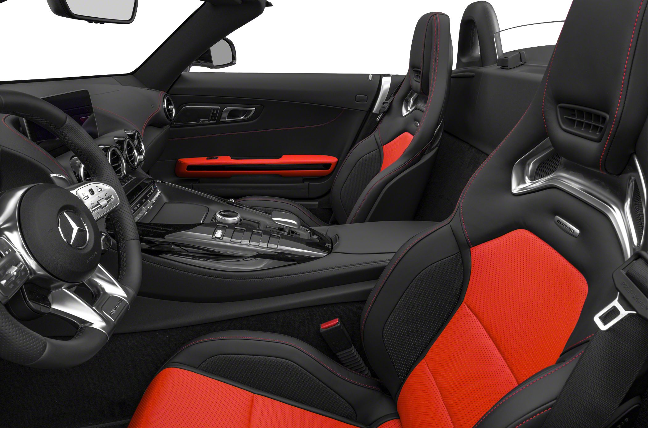 Sporty red and black bucket seats with advanced cockpit controls