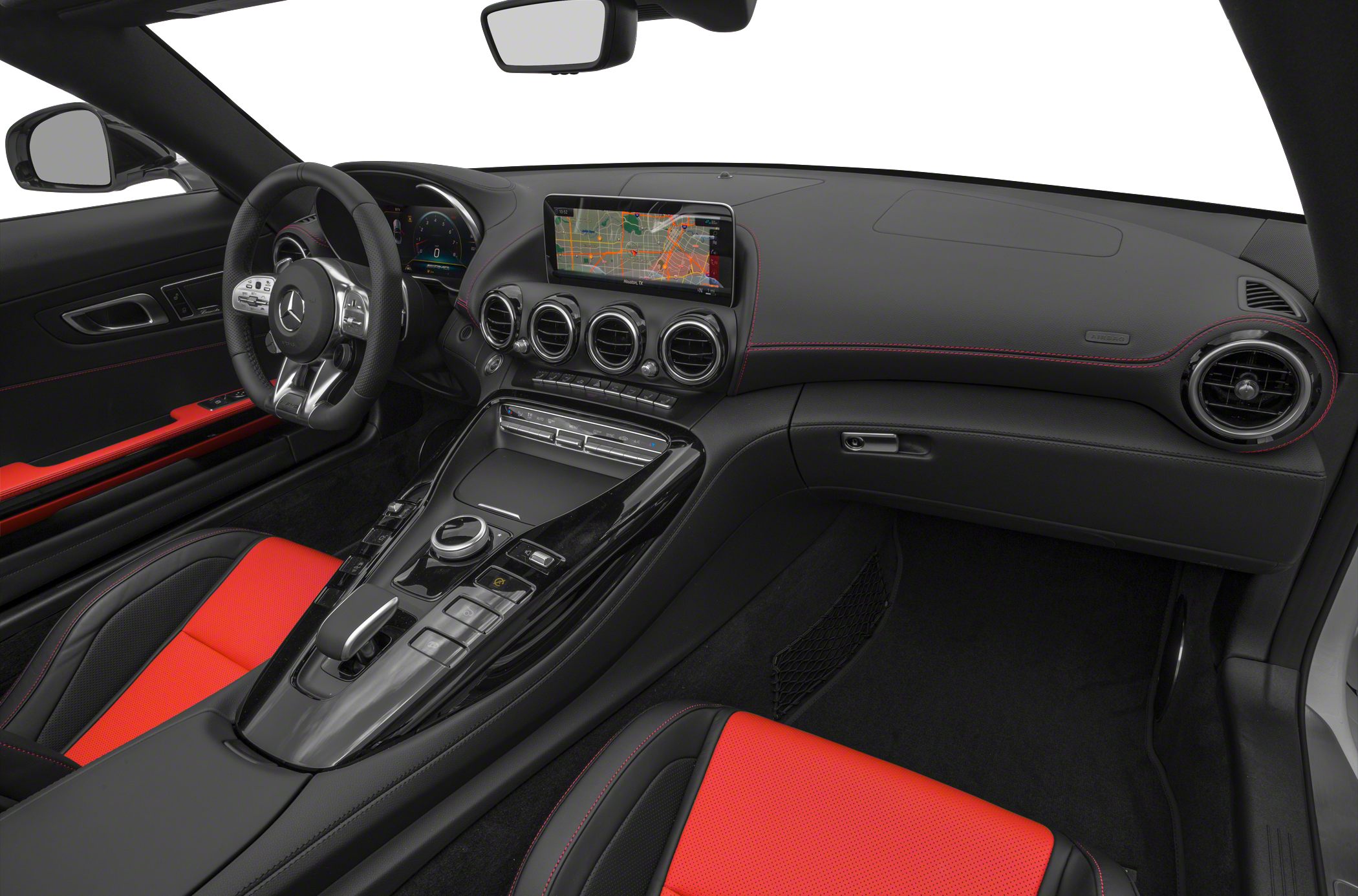 Dashboard with digital display and red leather seats
