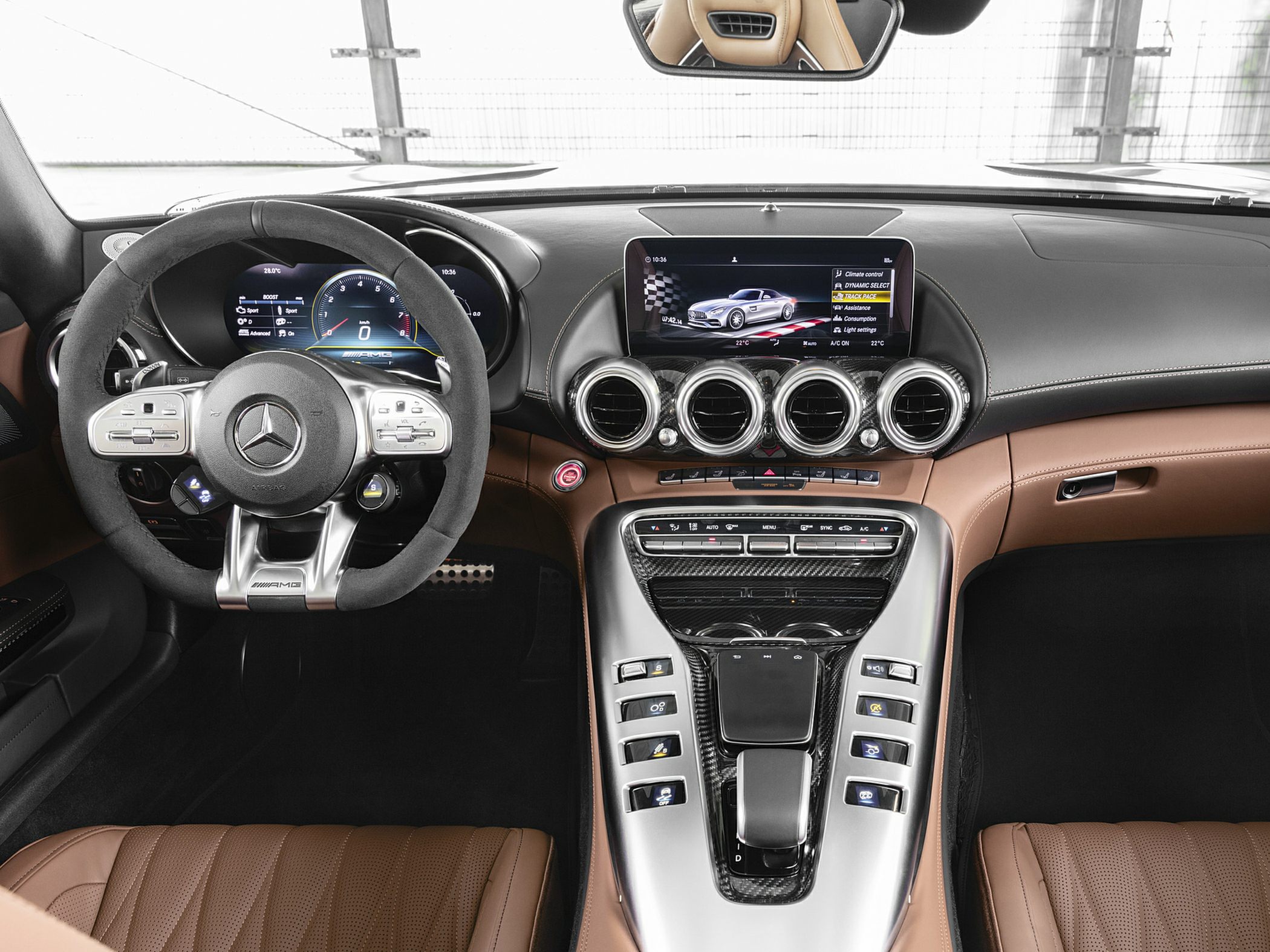 Luxury car interior with digital dashboard and multi-function steering wheel