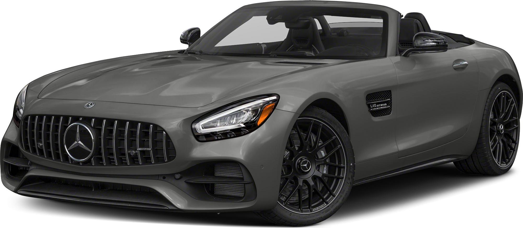 Front angle view of a Mercedes-AMG GT Roadster with V8 biturbo badge and sporty grille