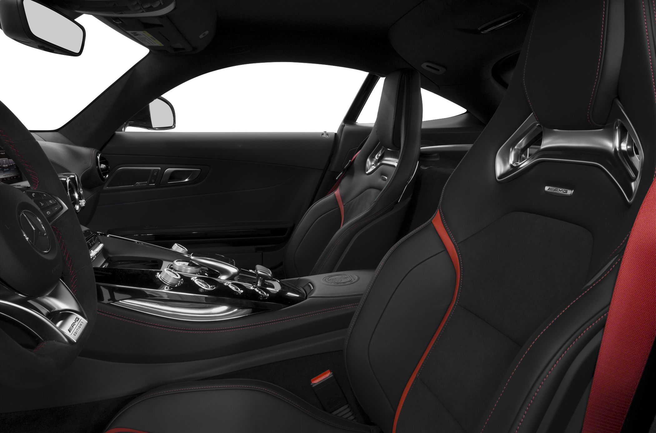 Sporty black leather seats with red accents and center console controls