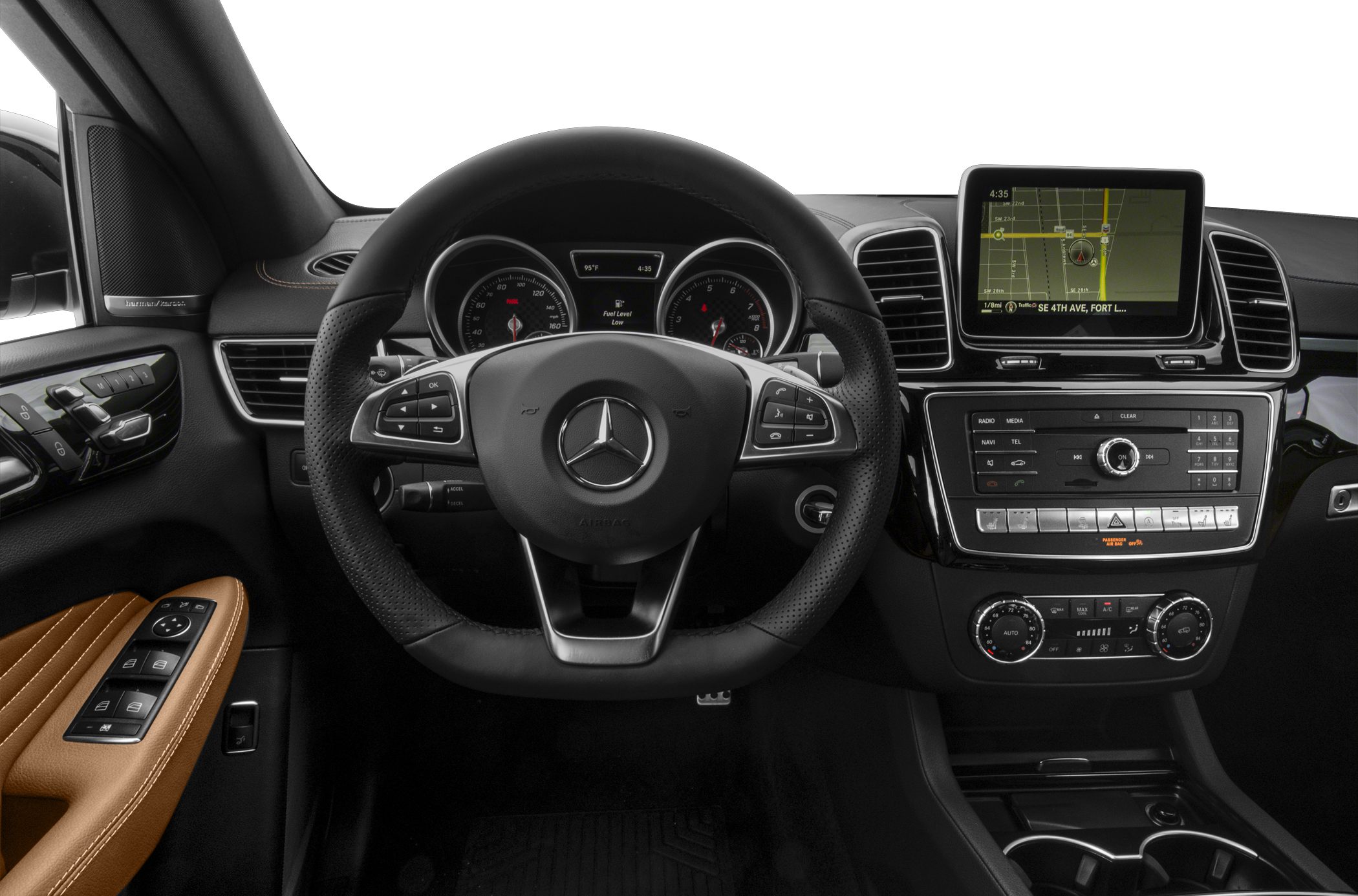 Steering wheel, digital dashboard, and multimedia display in a luxury SUV interior