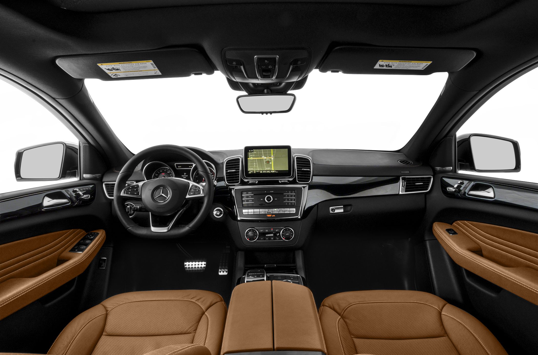 Dashboard, steering wheel, infotainment screen, and brown leather seats interior view
