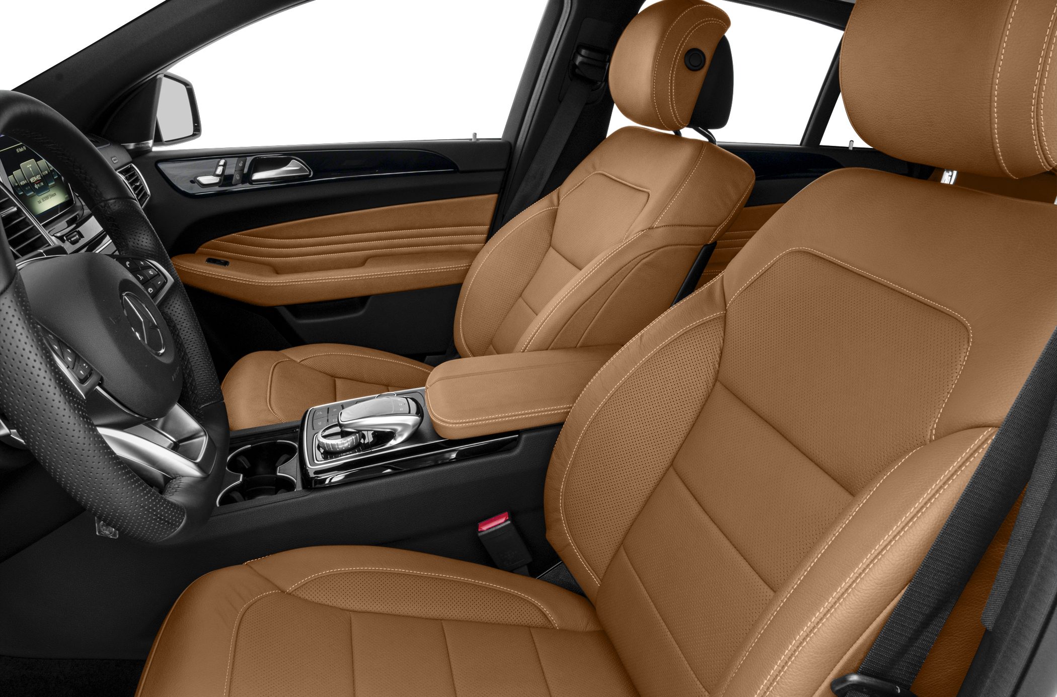 Brown leather seats with detailed stitching and modern car interior console.