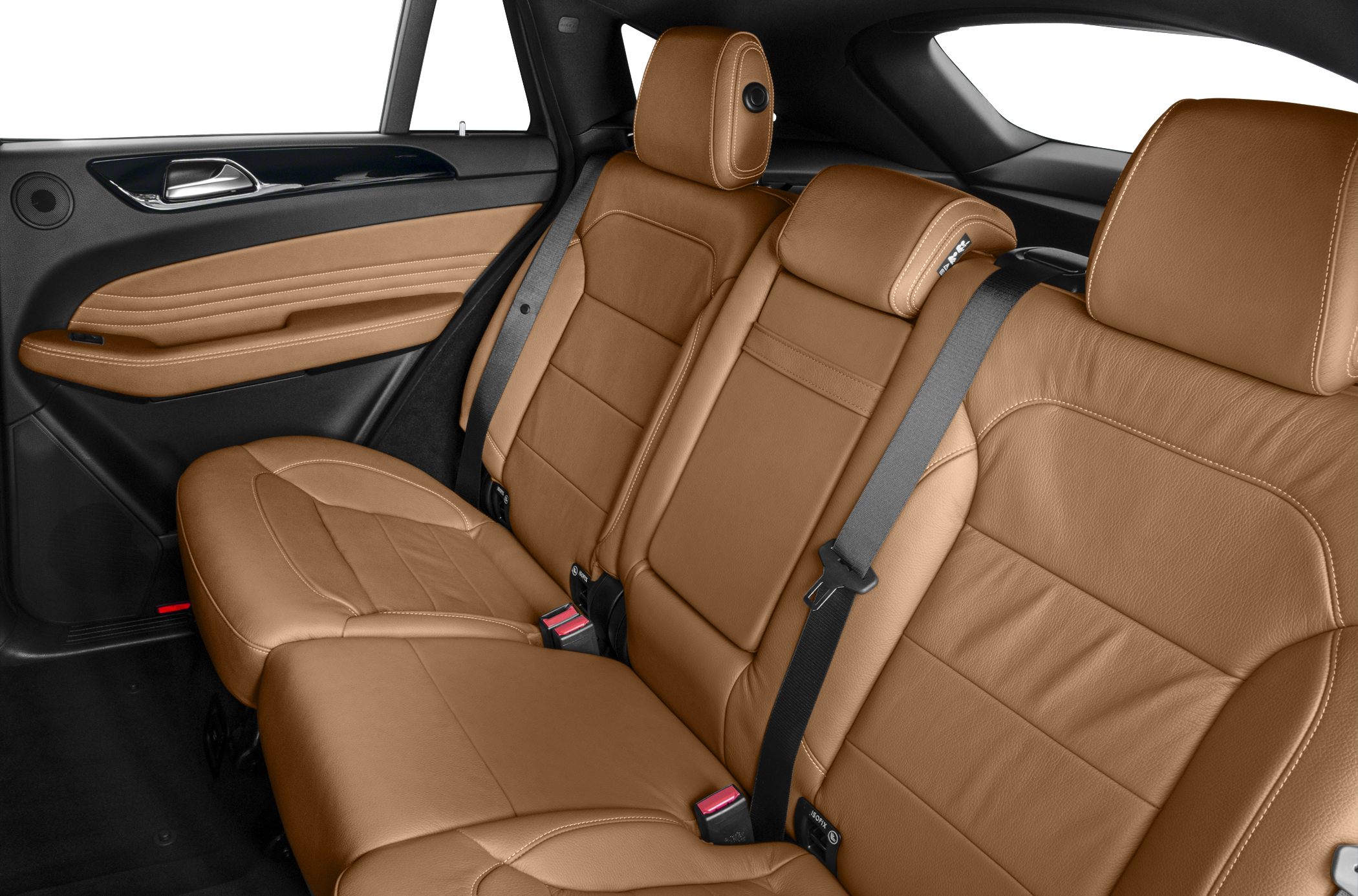 Tan leather rear seats with door panel and seatbelt