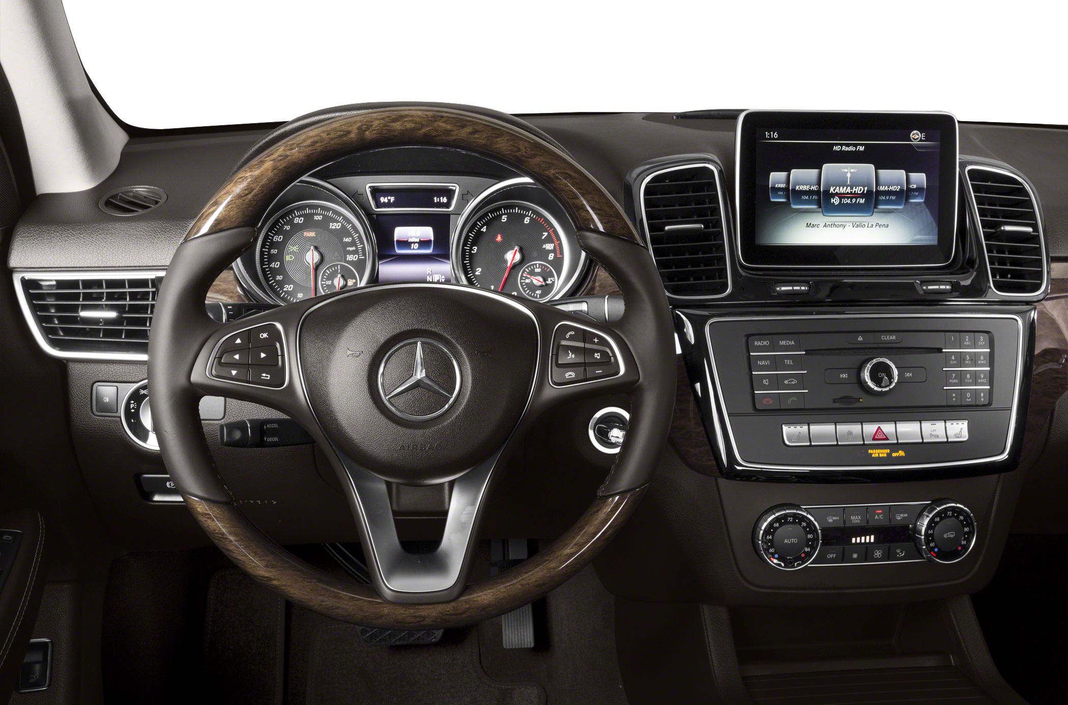 Steering wheel, instrument cluster, and infotainment system in luxury SUV interior