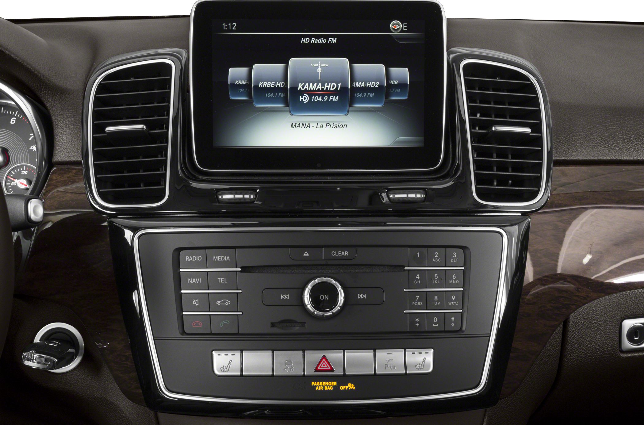 Central infotainment system and control panel with display screen in vehicle dashboard