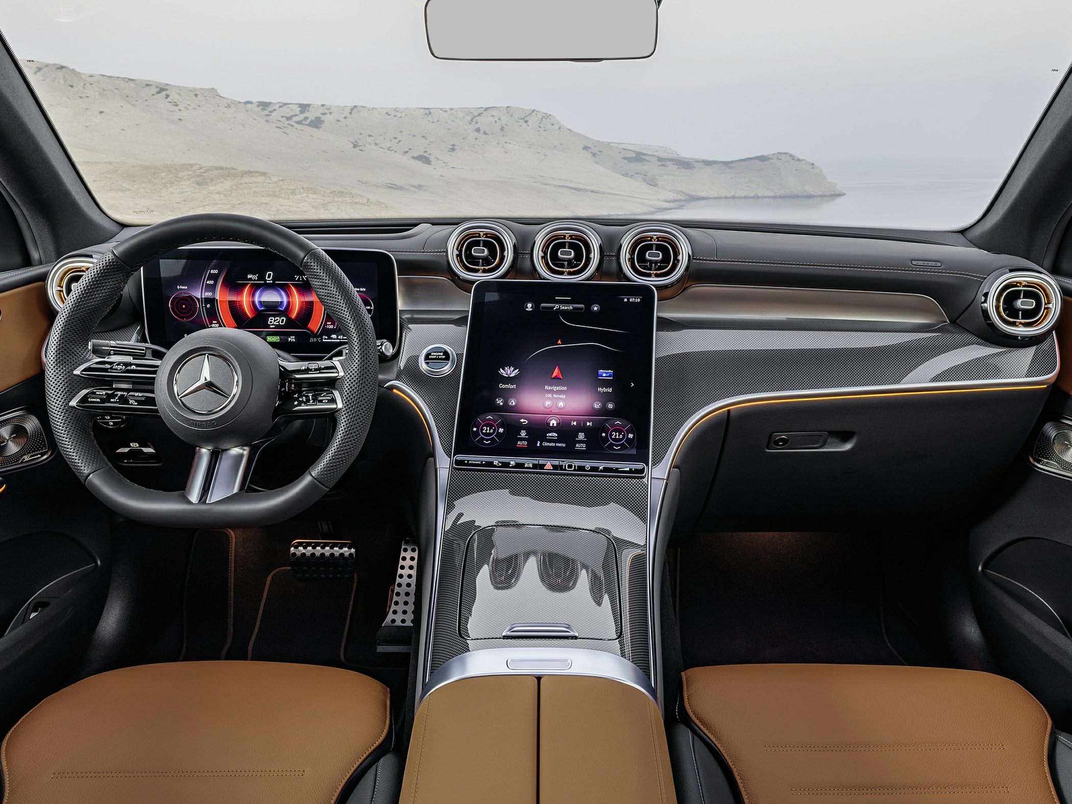 Digital dashboard and touchscreen infotainment with carbon fiber trim