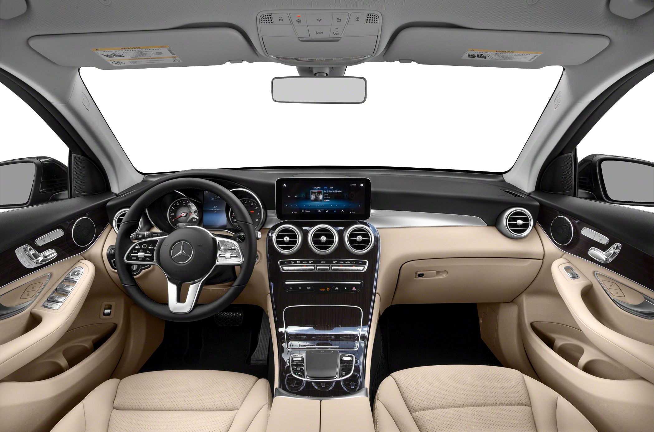 Dashboard with infotainment screen and multifunction steering wheel in beige interior