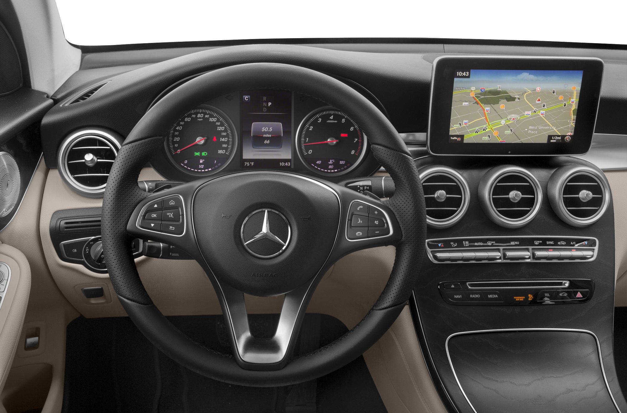 Multifunction steering wheel and digital dashboard with navigation.